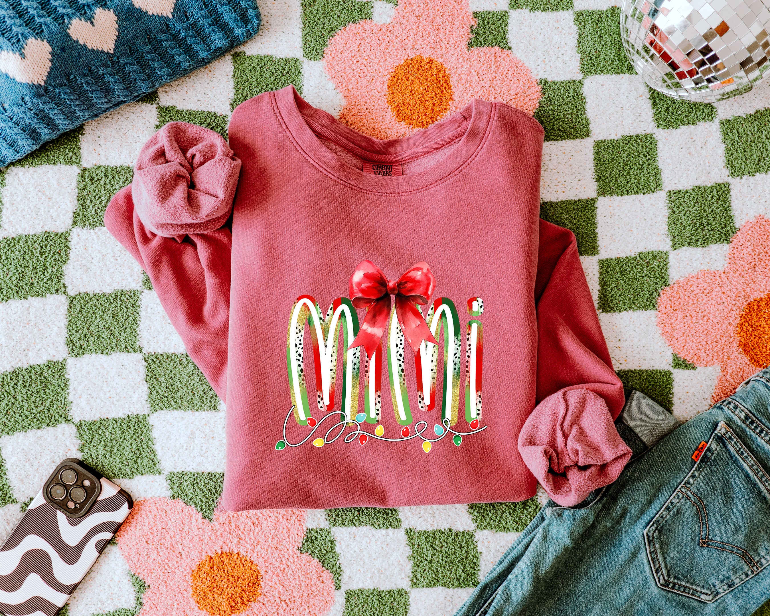 Mimi Christmas Theme Grandma Garment Dyed Comfort Colors Sweatshirt (red ribbon)