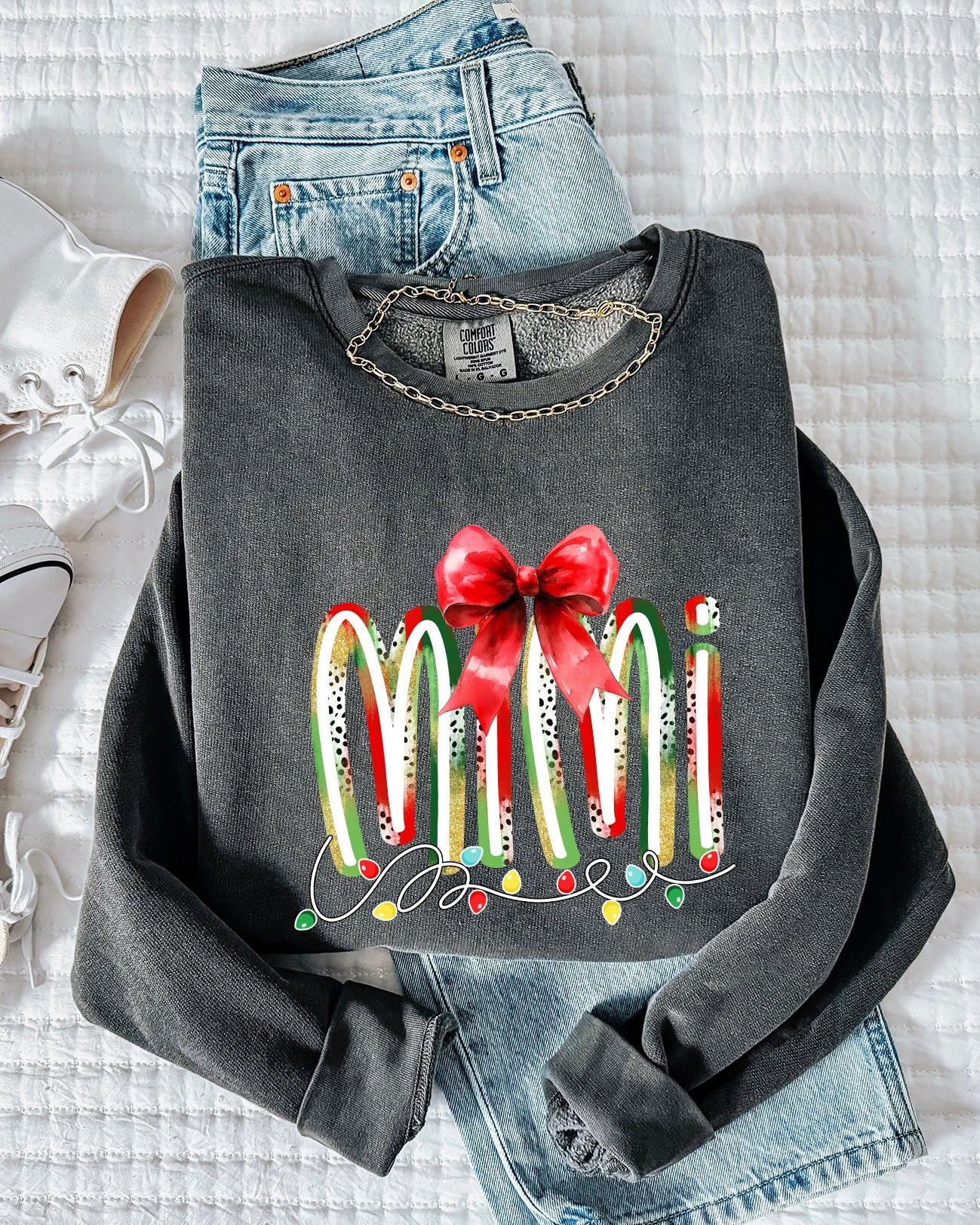 Mimi Christmas Theme Grandma Garment Dyed Comfort Colors Sweatshirt (red ribbon)