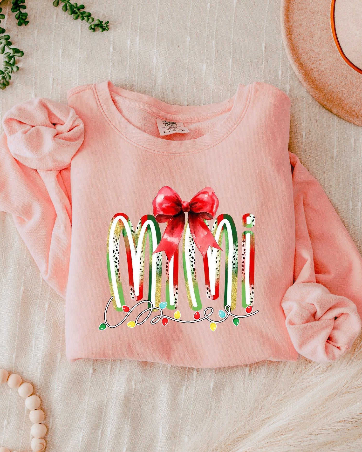 Mimi Christmas Theme Grandma Garment Dyed Comfort Colors Sweatshirt (red ribbon)