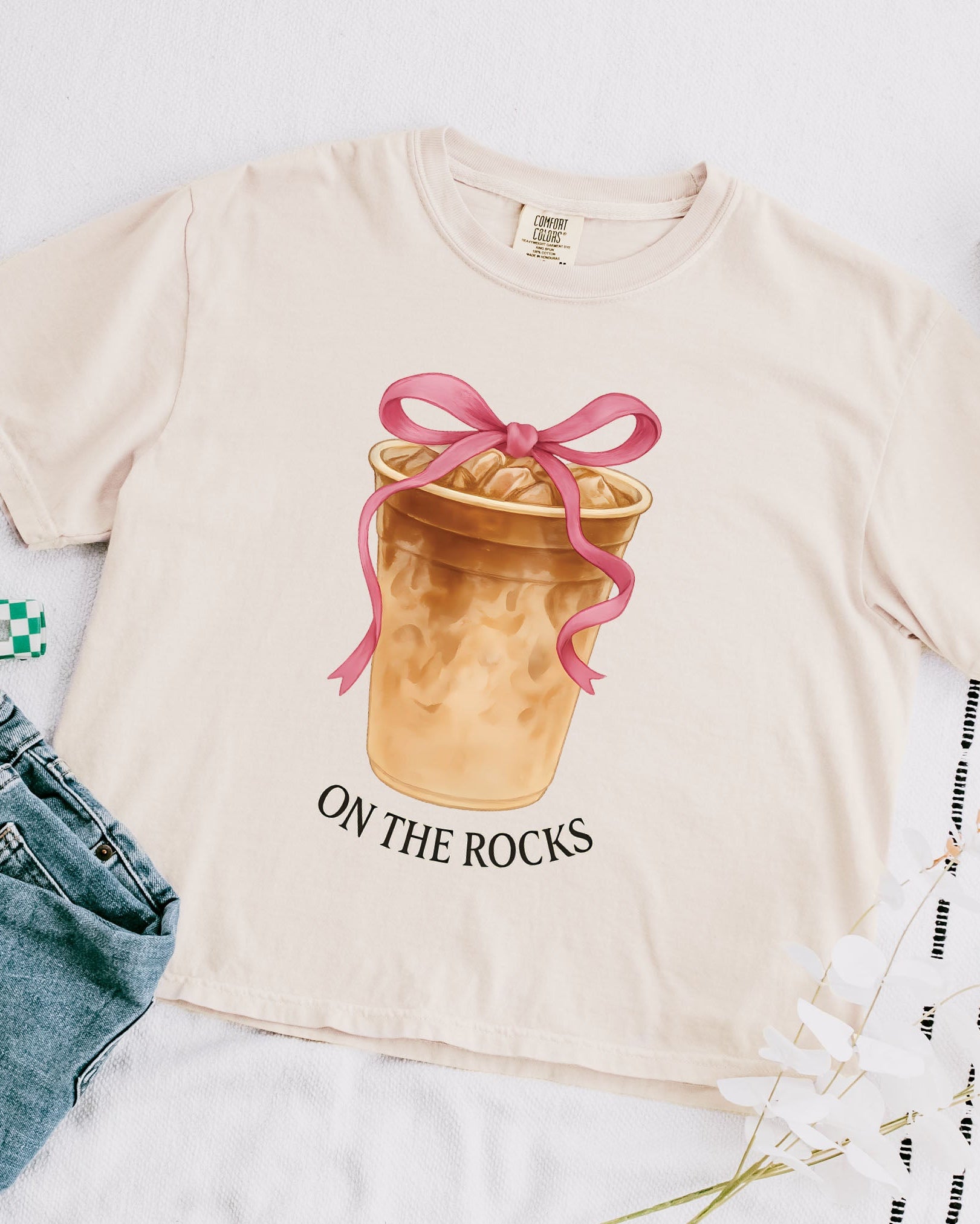 On the Rock Coffee Iced Latte Iced Coffee Garment Dyed Women's Slightly Cropped T Shirt