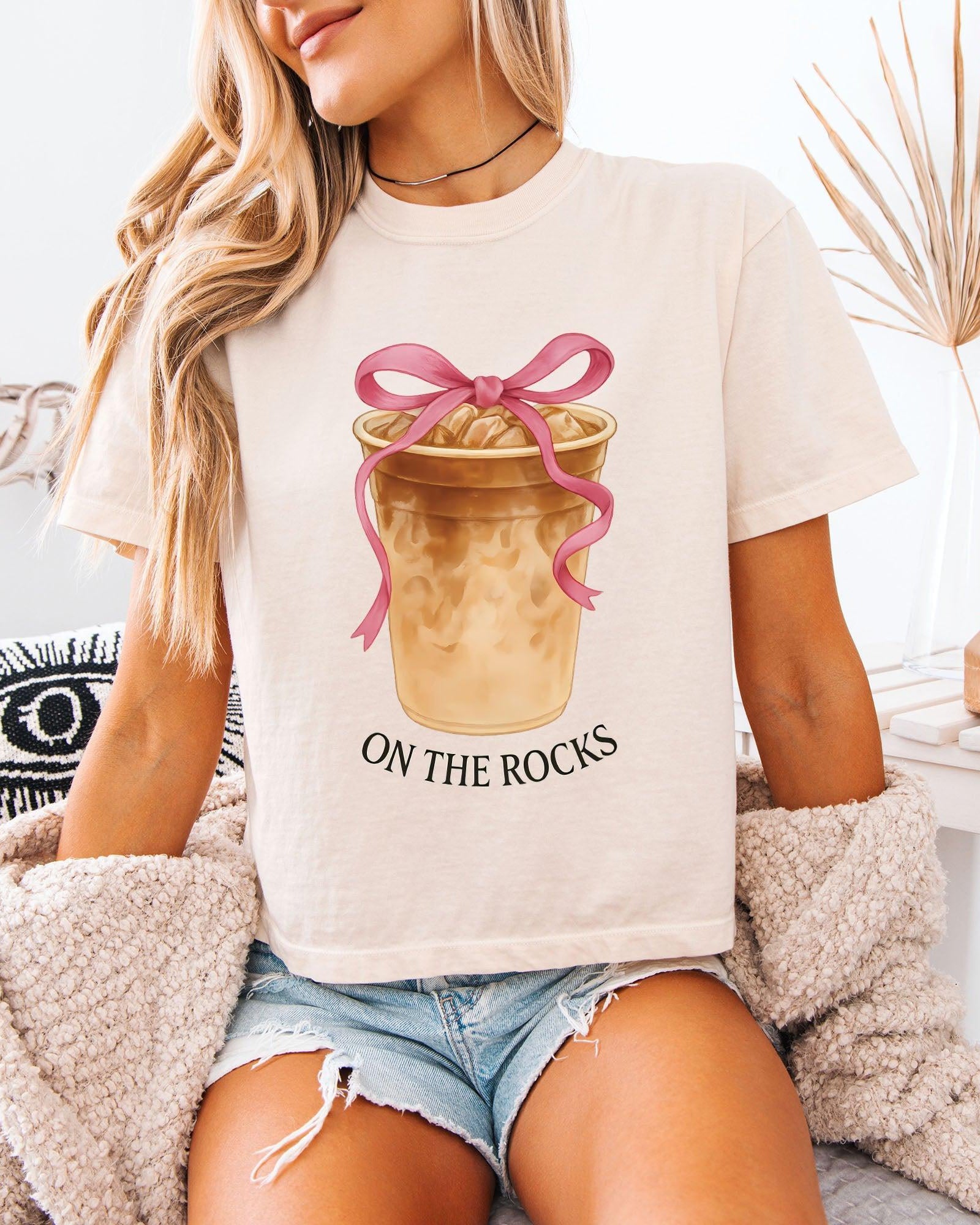 On the Rock Coffee Iced Latte Iced Coffee Garment Dyed Women's Slightly Cropped T Shirt