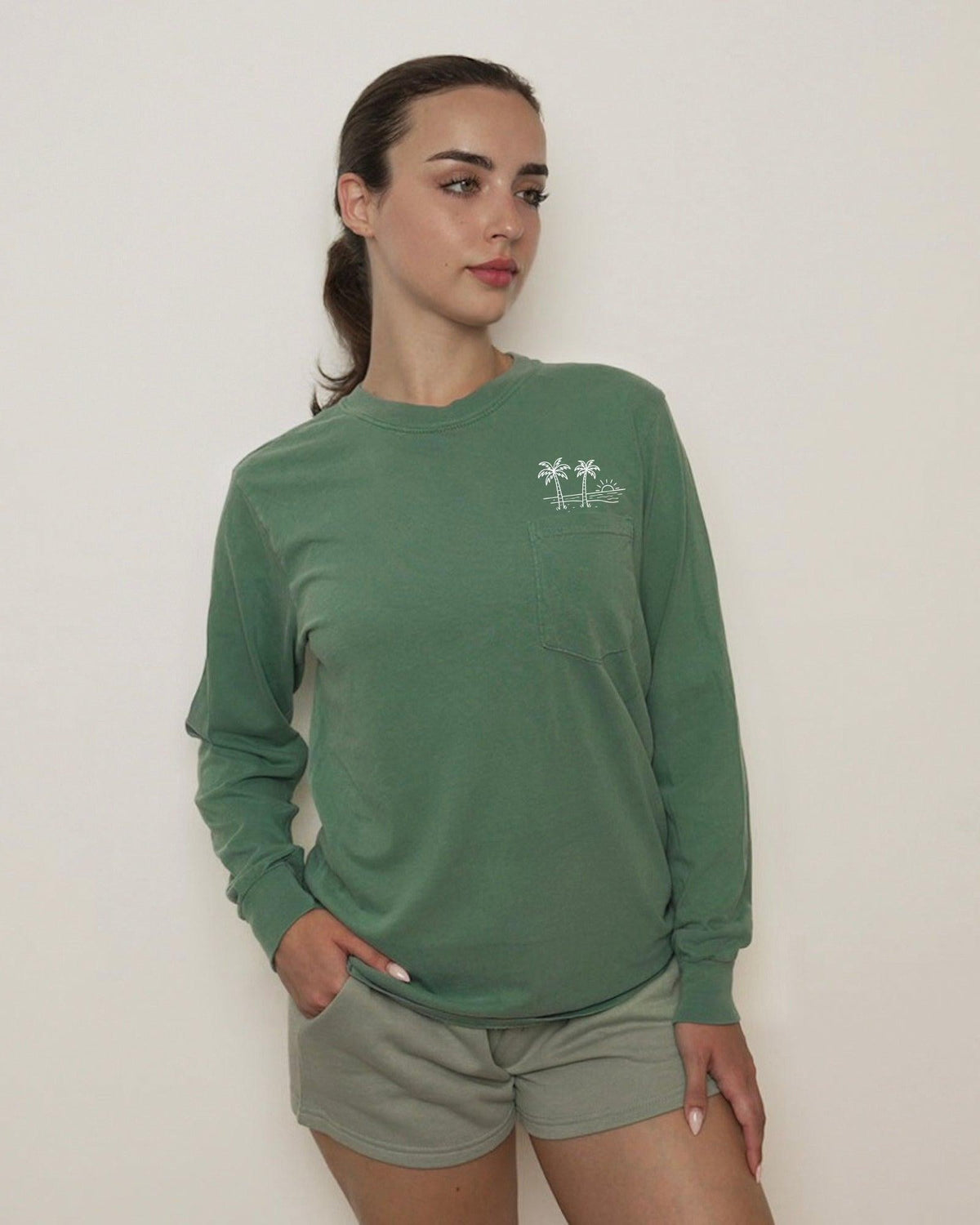 Palm Tree Beach Vacation Pocket Comfort Colors Long Sleeve Shirt