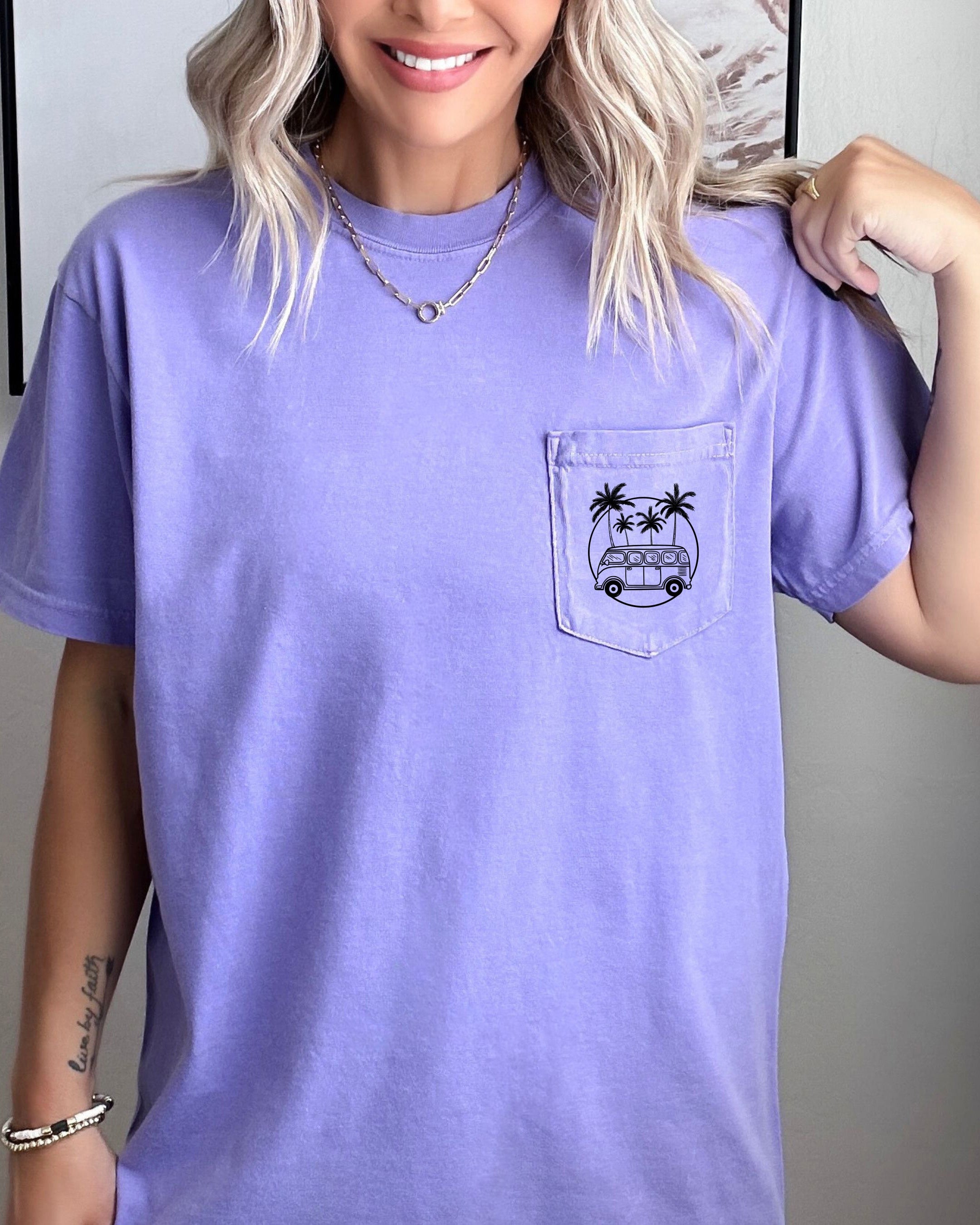 Palm Tree and Camping Car Comfort Colors Pocket T Shirt | Nature, Hiking, Plant