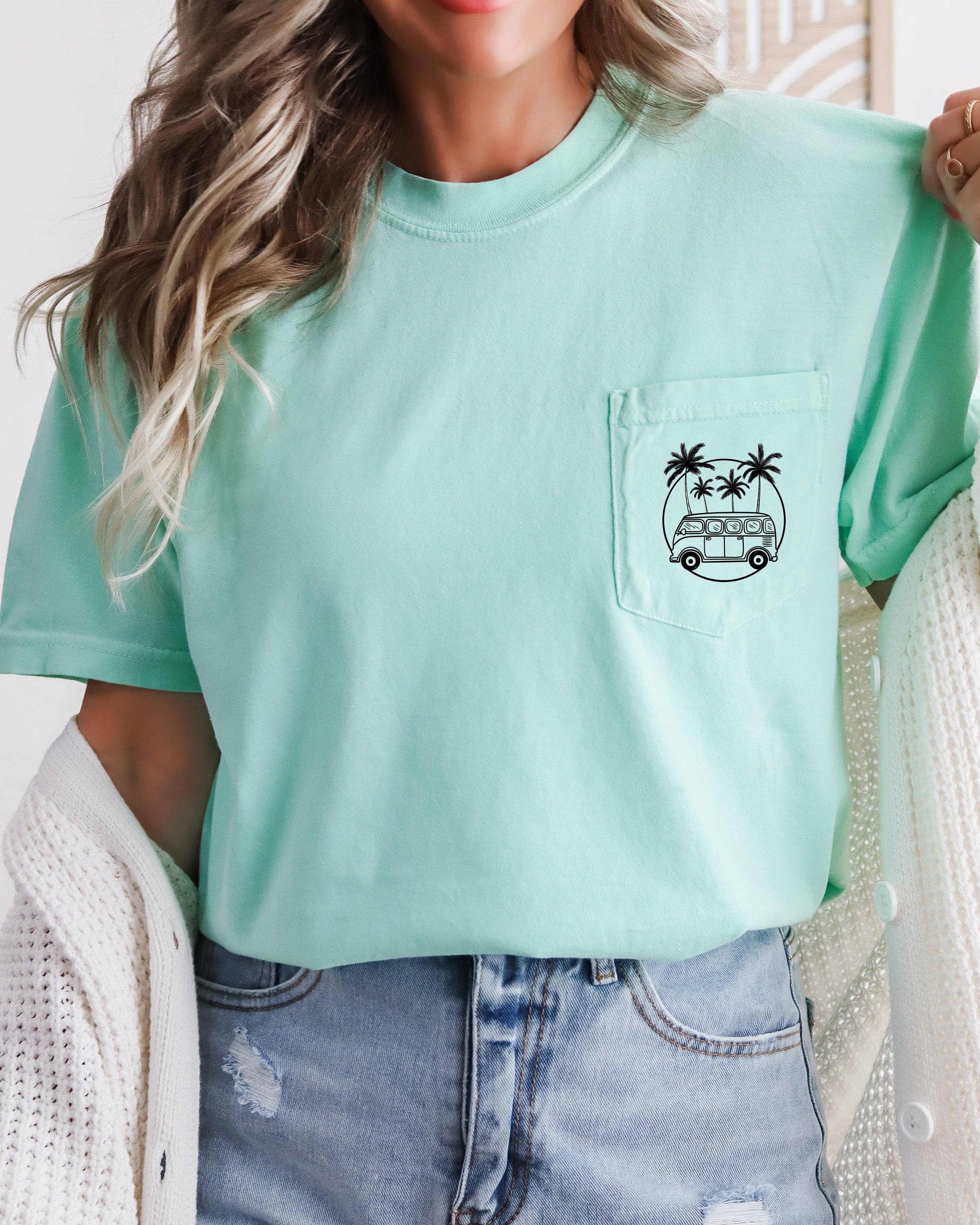 Palm Tree and Camping Car Comfort Colors Pocket T Shirt | Nature, Hiking, Plant