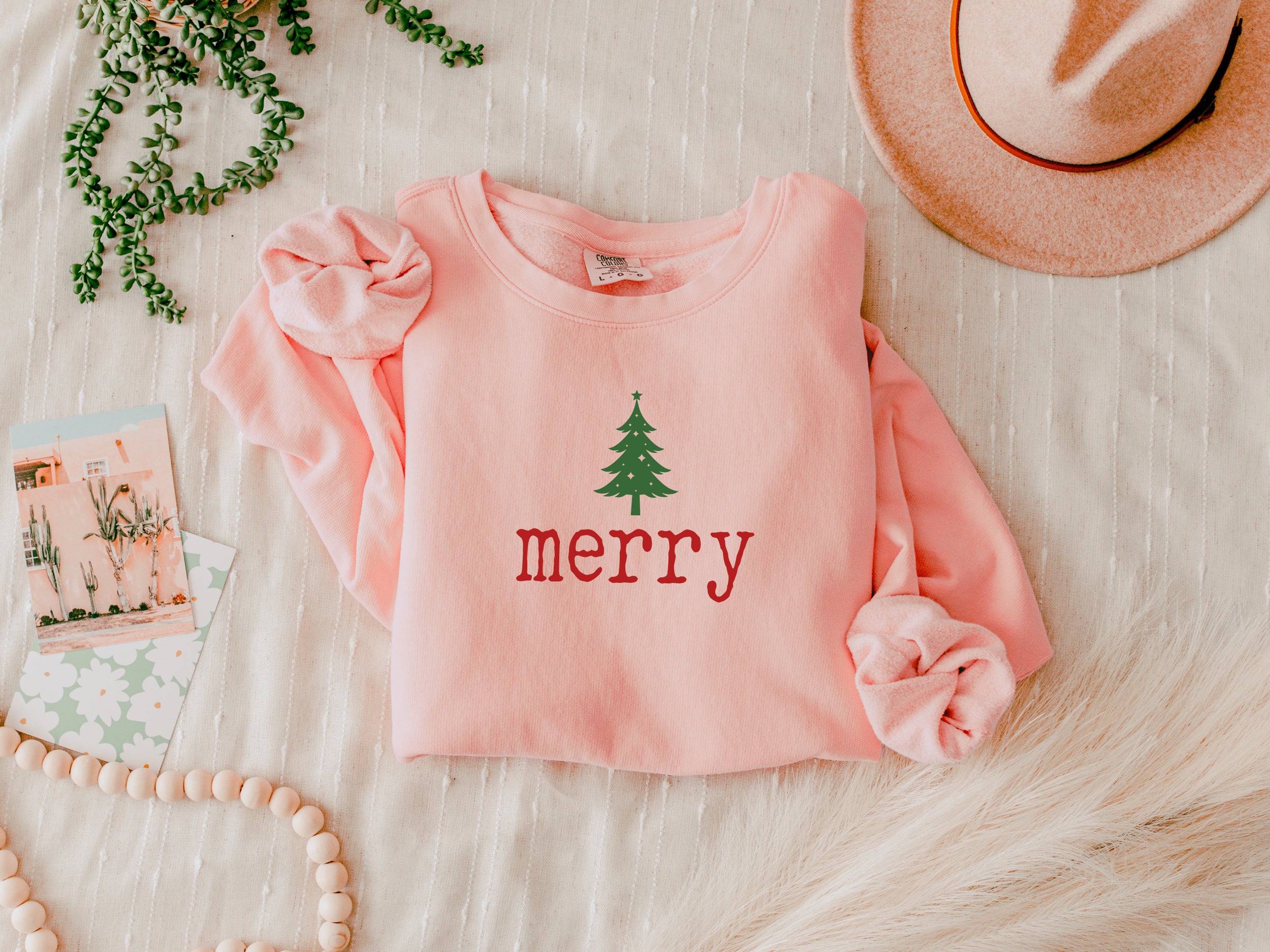 Merry Christmas Tree Holiday Winter Fall Inspirational Garment Dyed Comfort Colors Sweatshirt (Merry)