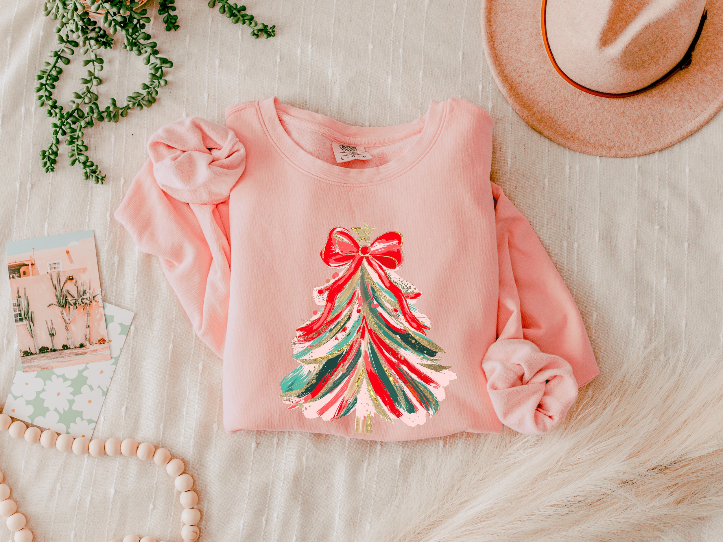 Merry Christmas Tree Holiday Winter Fall Inspirational Garment Dyed Comfort Colors Sweatshirt (Red Ribbon)