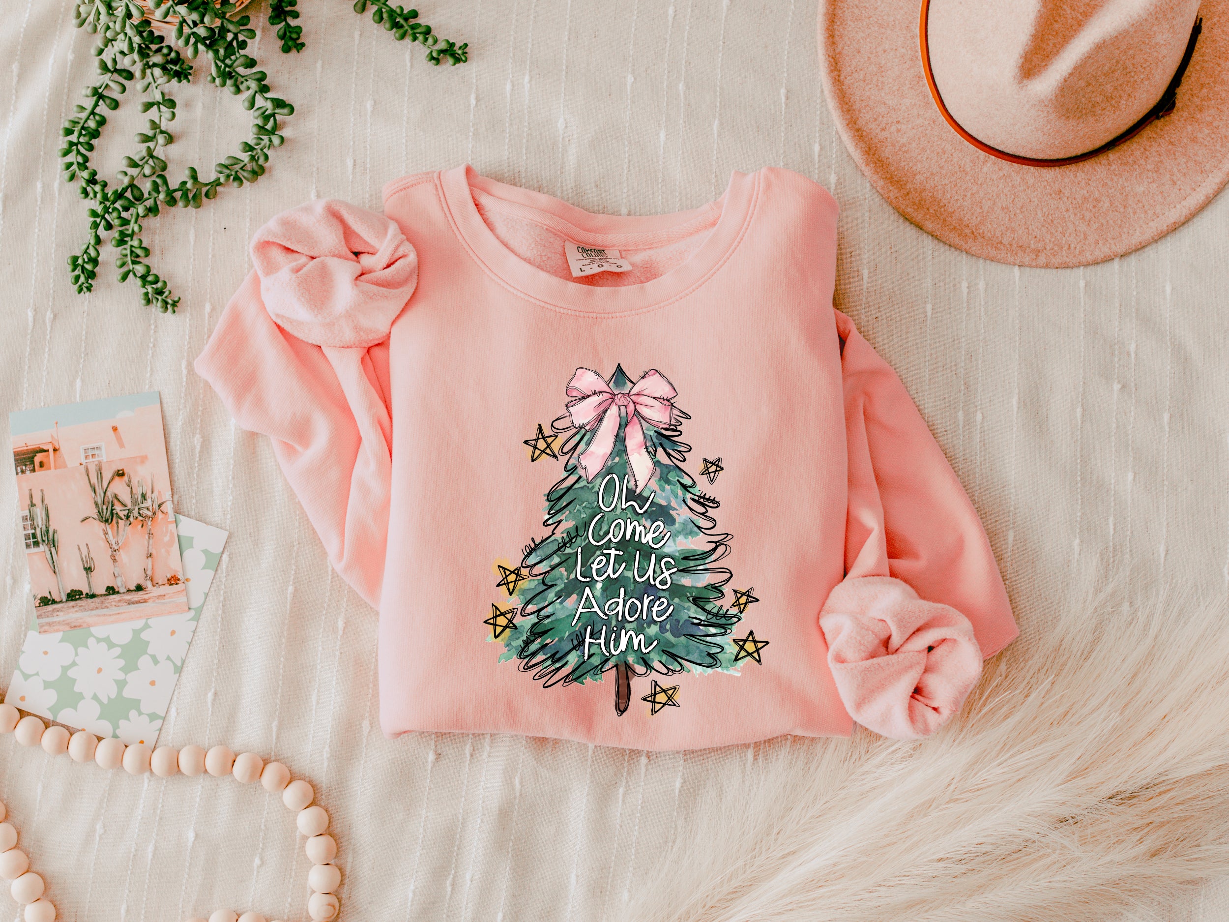 Merry Christmas Tree Christian O come let us adore him Winter Holiday Fall Autumn Inspirational Garment Dyed Comfort Colors Sweatshirt
