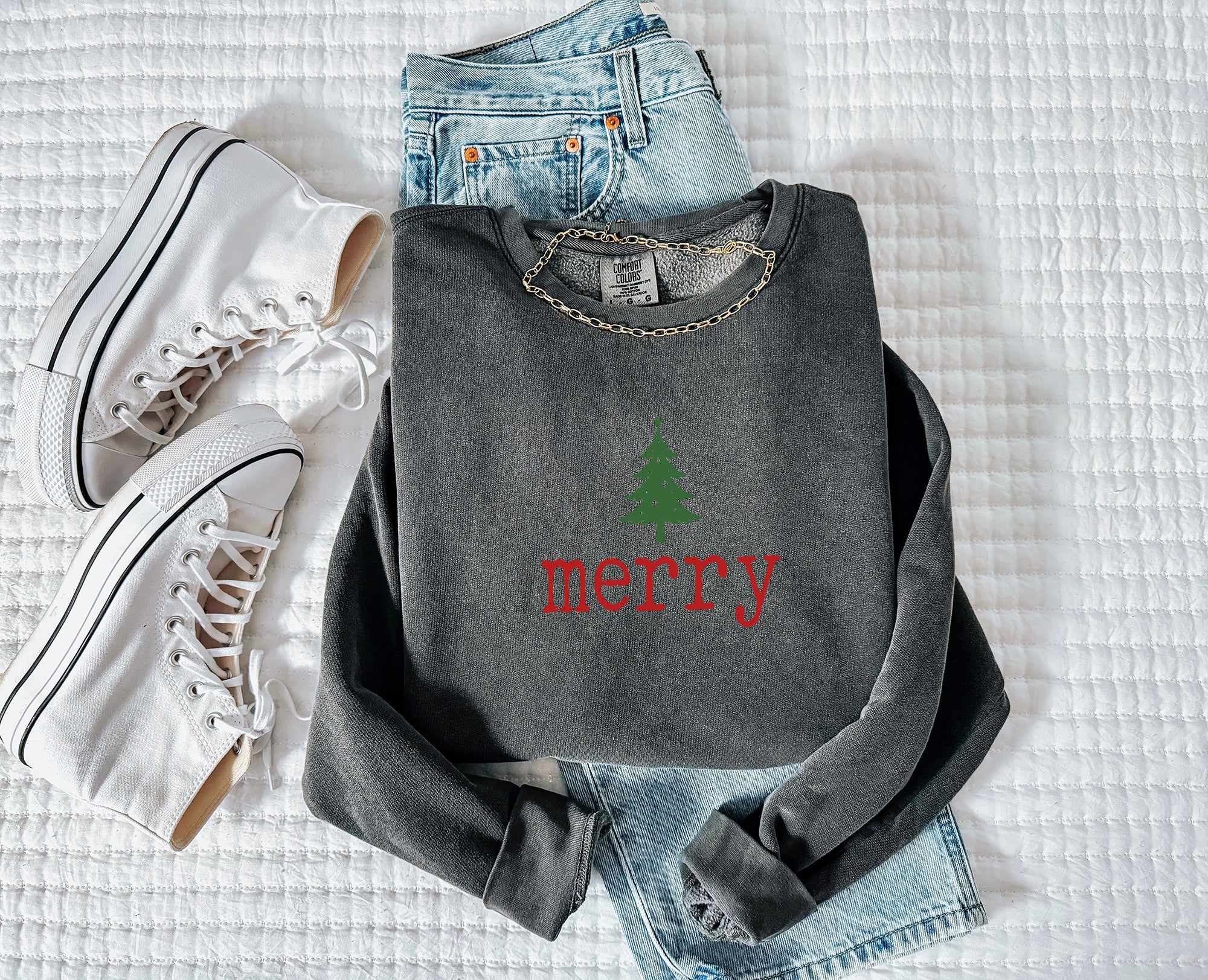 Merry Christmas Tree Holiday Winter Fall Inspirational Garment Dyed Comfort Colors Sweatshirt (Merry)