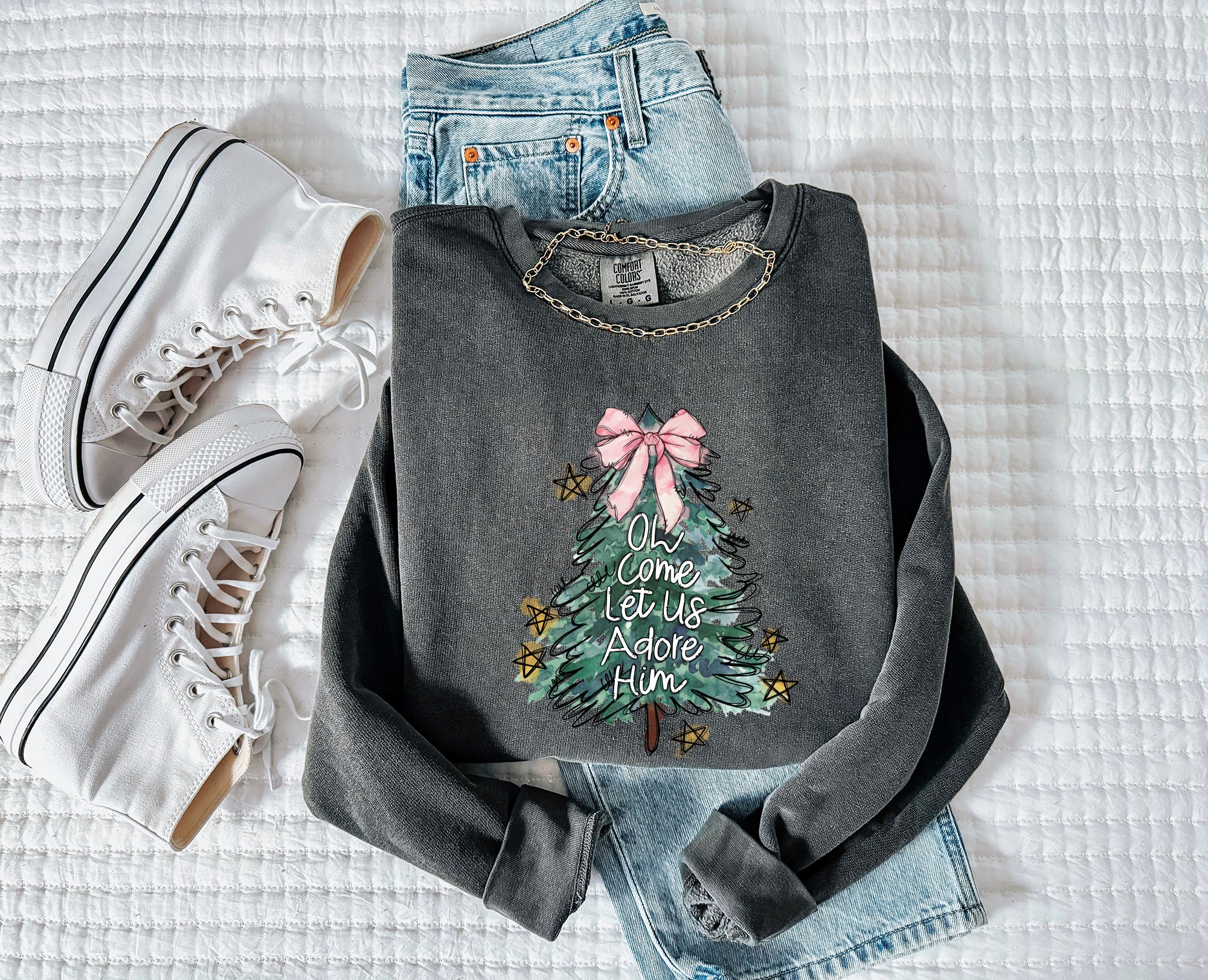 Merry Christmas Tree Christian O come let us adore him Winter Holiday Fall Autumn Inspirational Garment Dyed Comfort Colors Sweatshirt