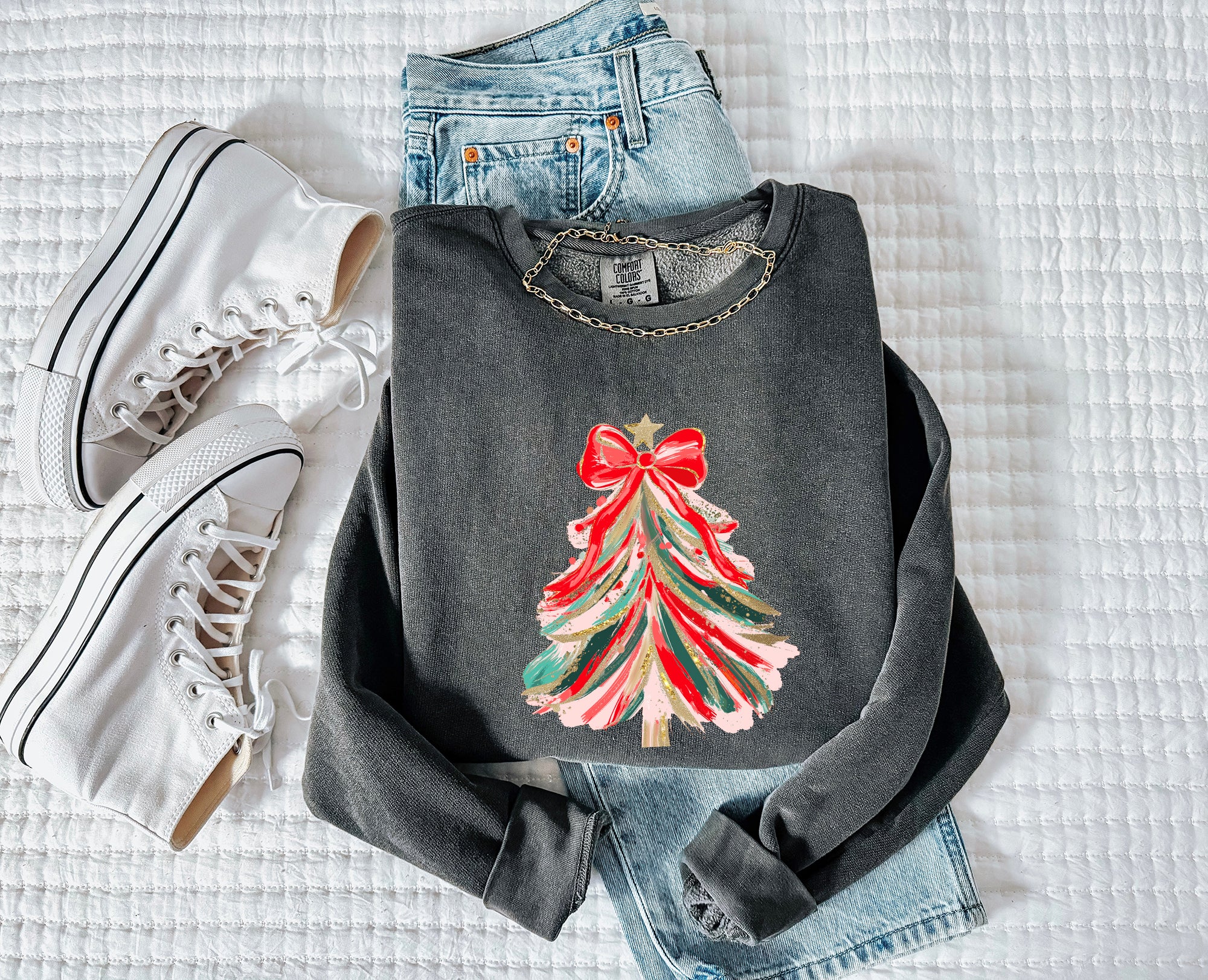 Merry Christmas Tree Holiday Winter Fall Inspirational Garment Dyed Comfort Colors Sweatshirt (Red Ribbon)