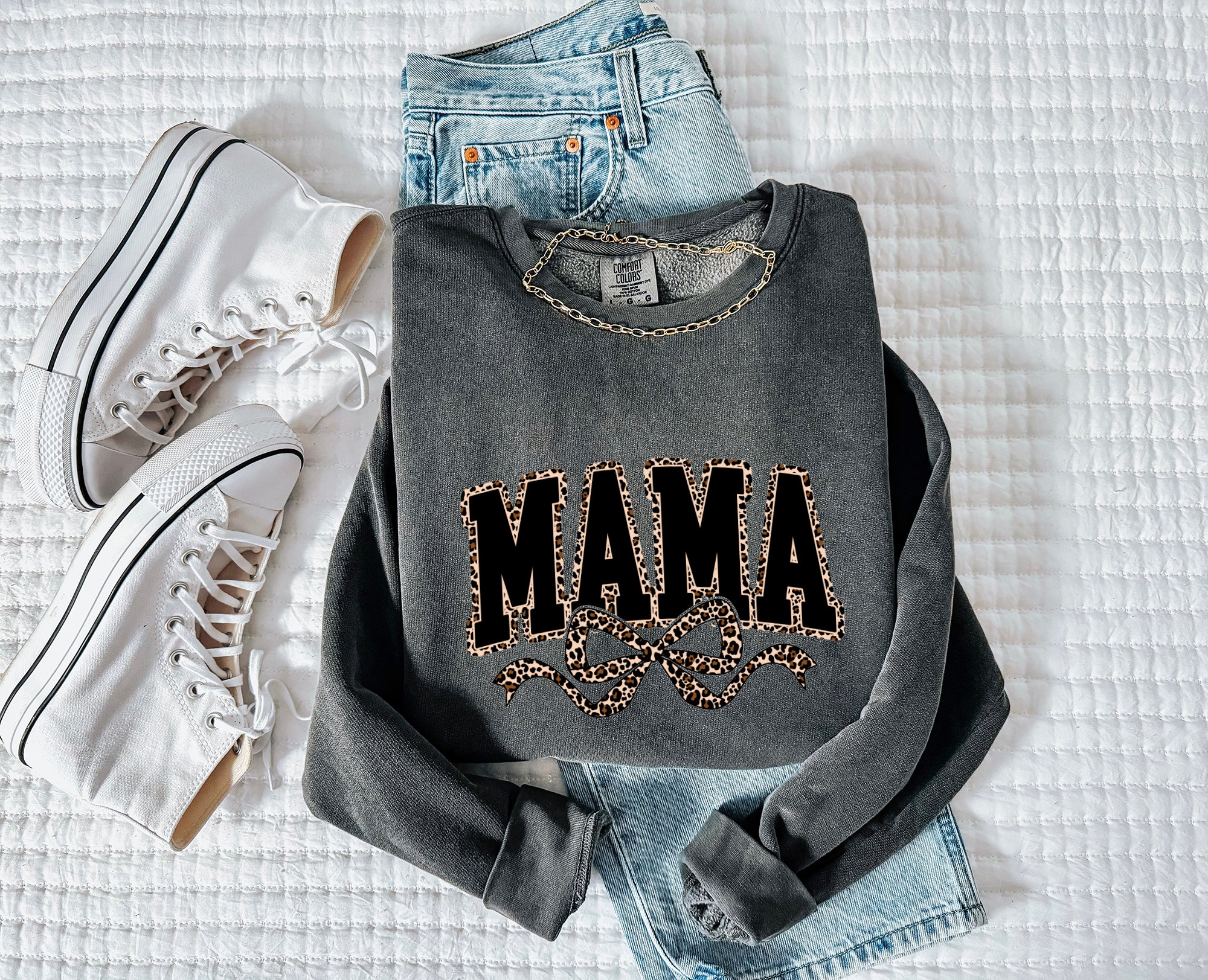 Mama Garment Dyed Comfort Colors Sweatshirt (Leopard Ribbon)