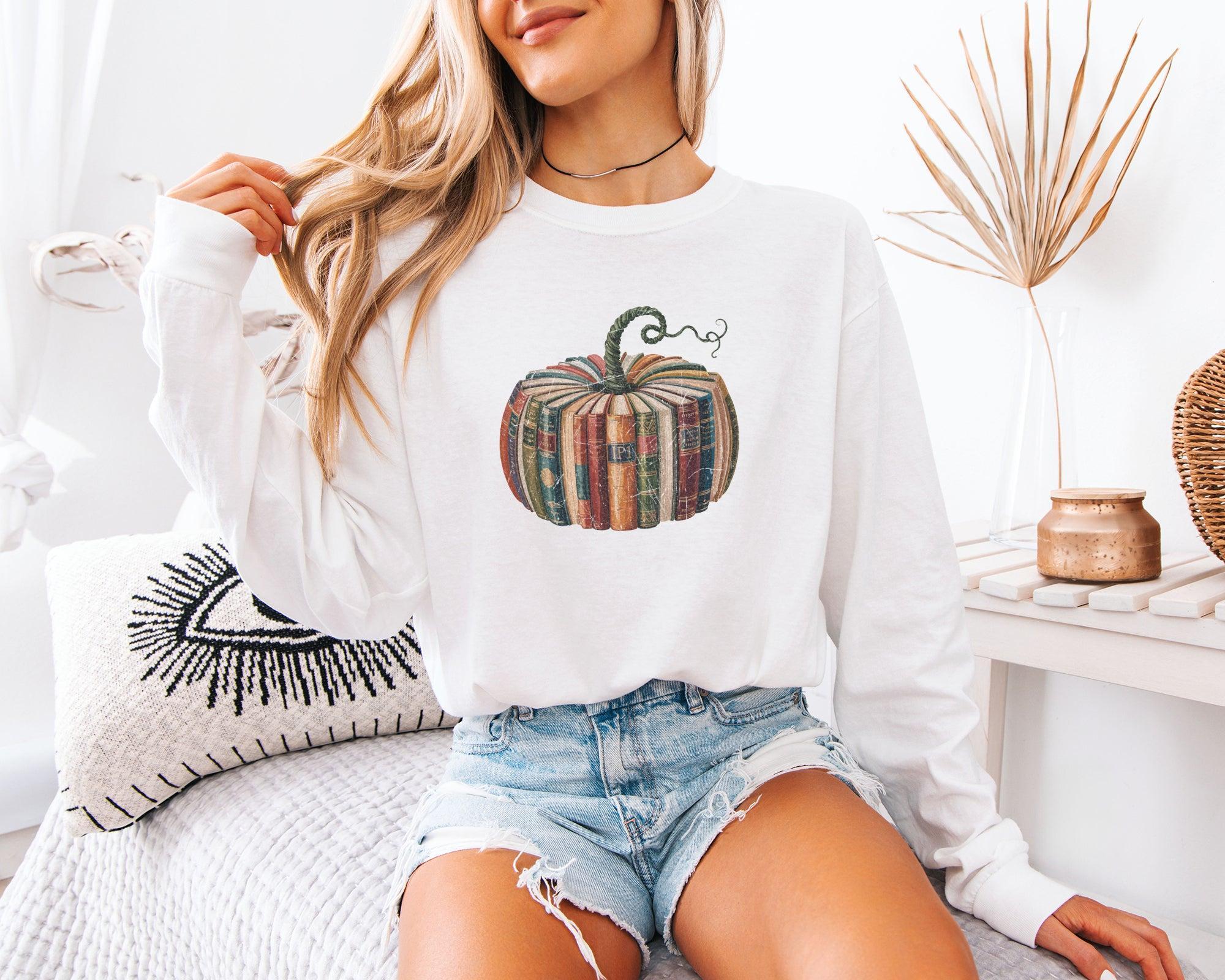 Pumpkin Books Fall Thanksgiving Day Comfort Colors Long Sleeve Shirt