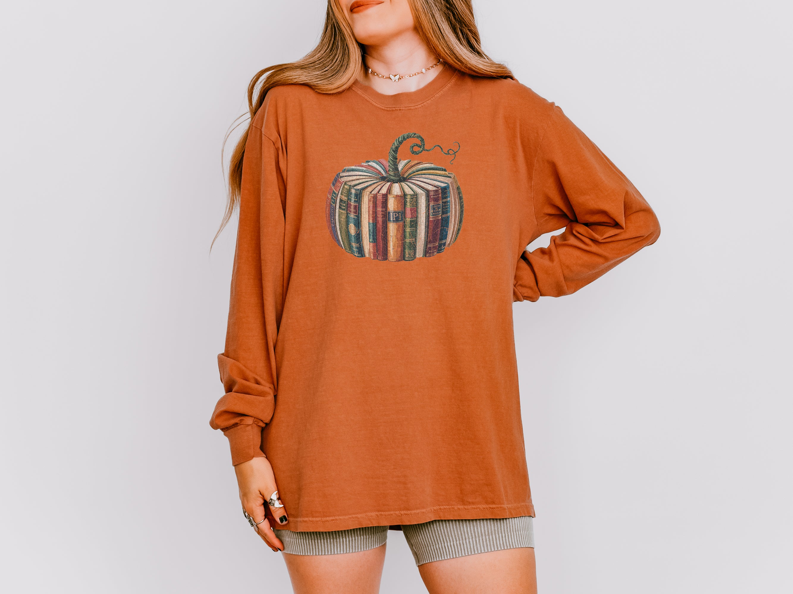 Pumpkin Books Fall Thanksgiving Day Comfort Colors Long Sleeve Shirt