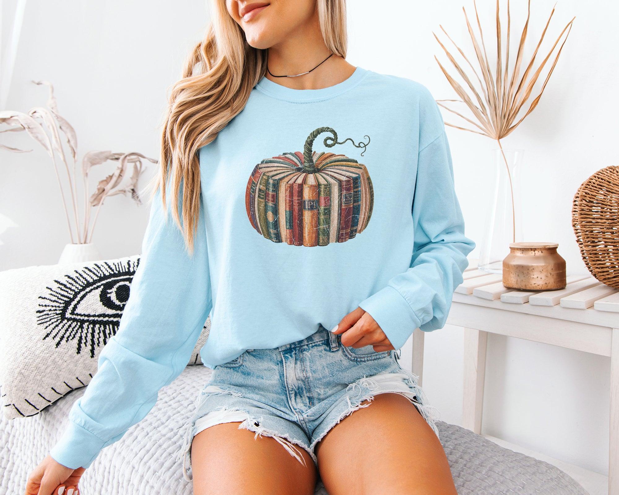 Pumpkin Books Fall Thanksgiving Day Comfort Colors Long Sleeve Shirt