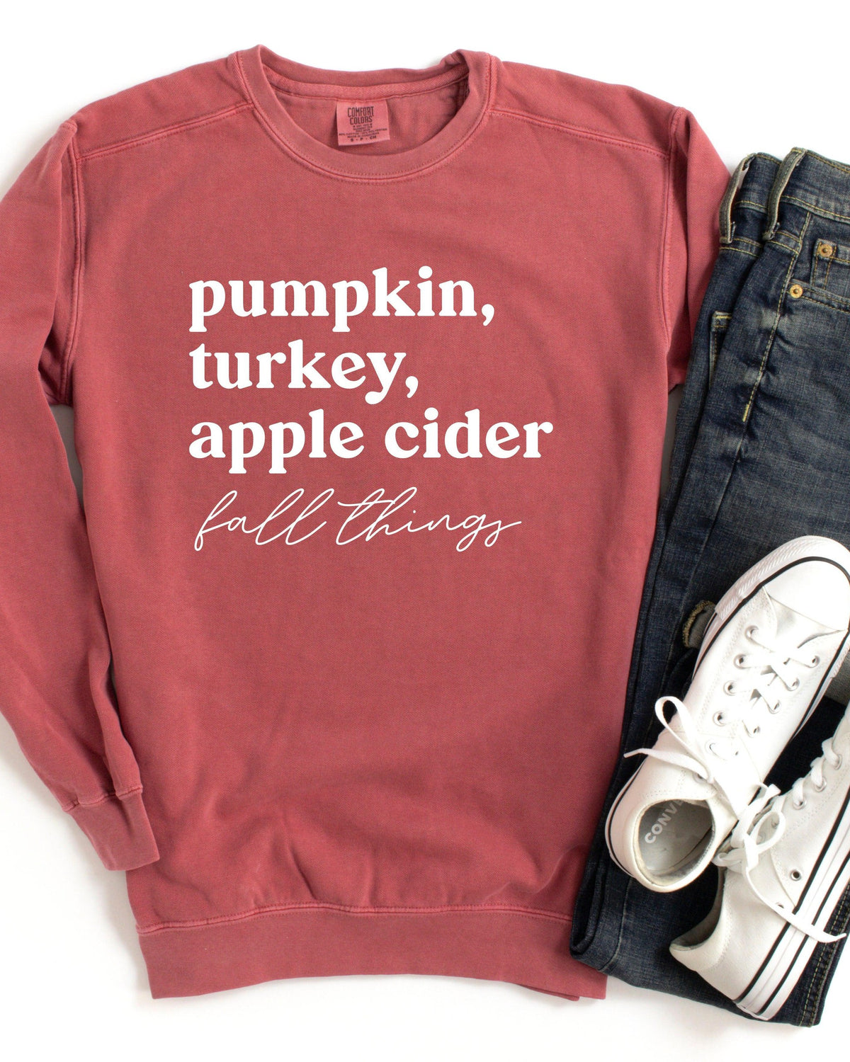 Pumpkin, Turkey, Apple Cider, Fall things Garment Dyed Comfort Colors Sweatshirt | Thanksgiving