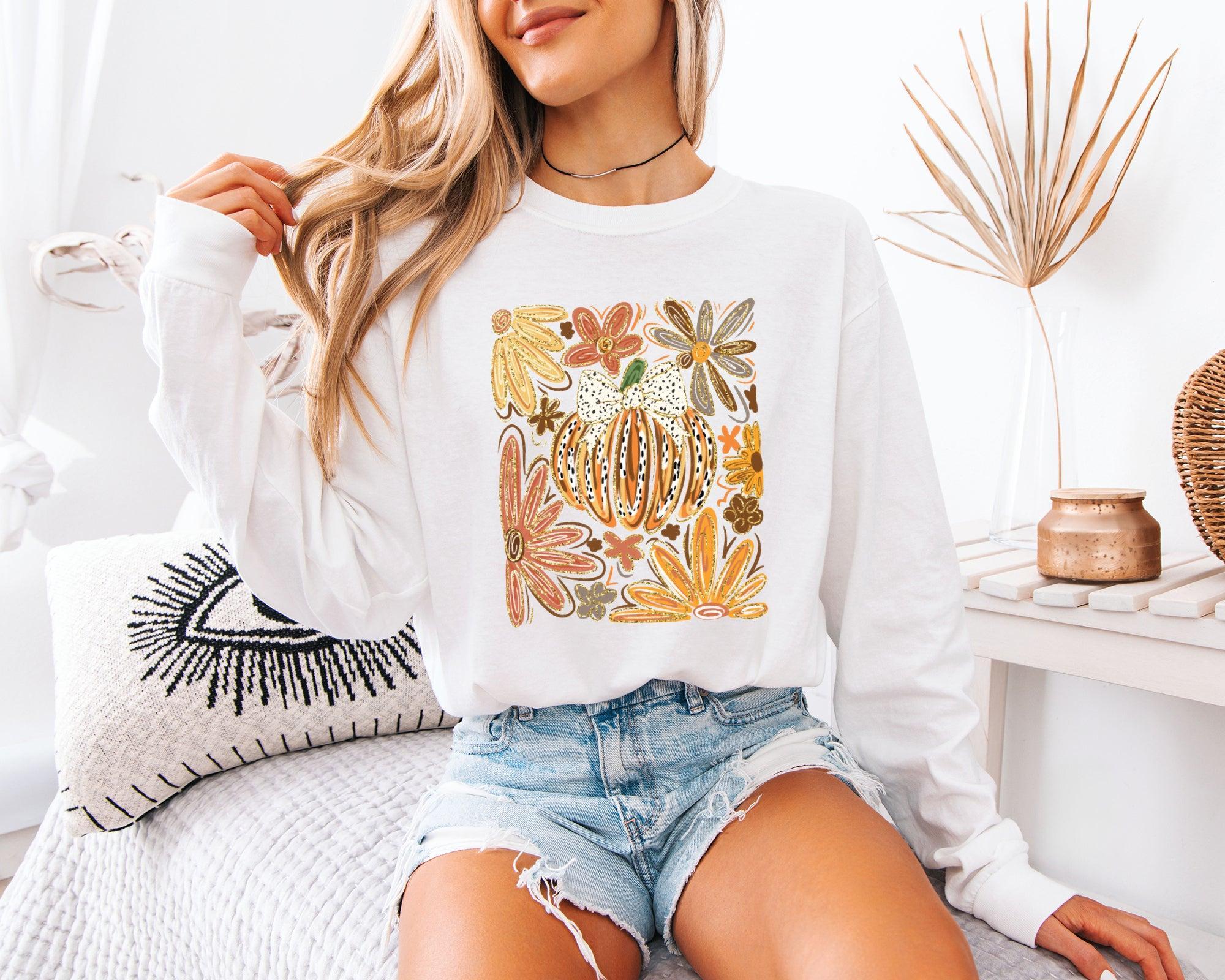 Pumpkins Fall Flower Thanksgiving Day Comfort Colors Long Sleeve Shirt