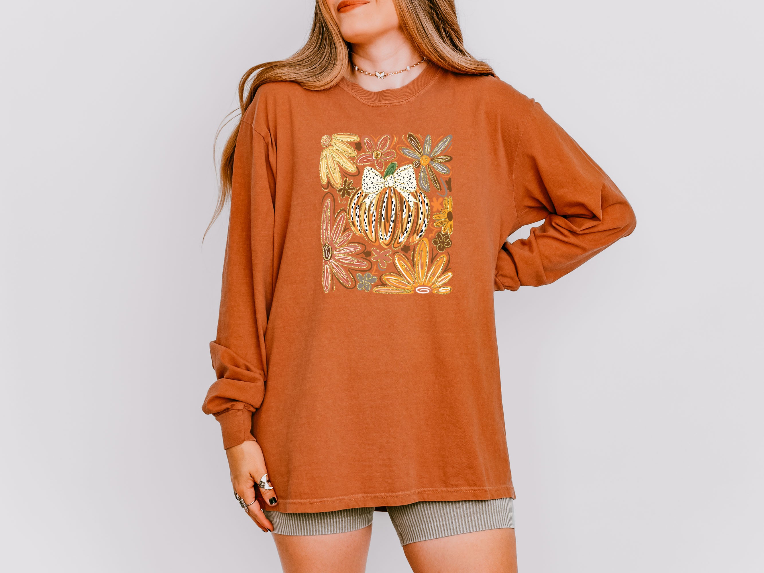 Pumpkins Fall Flower Thanksgiving Day Comfort Colors Long Sleeve Shirt