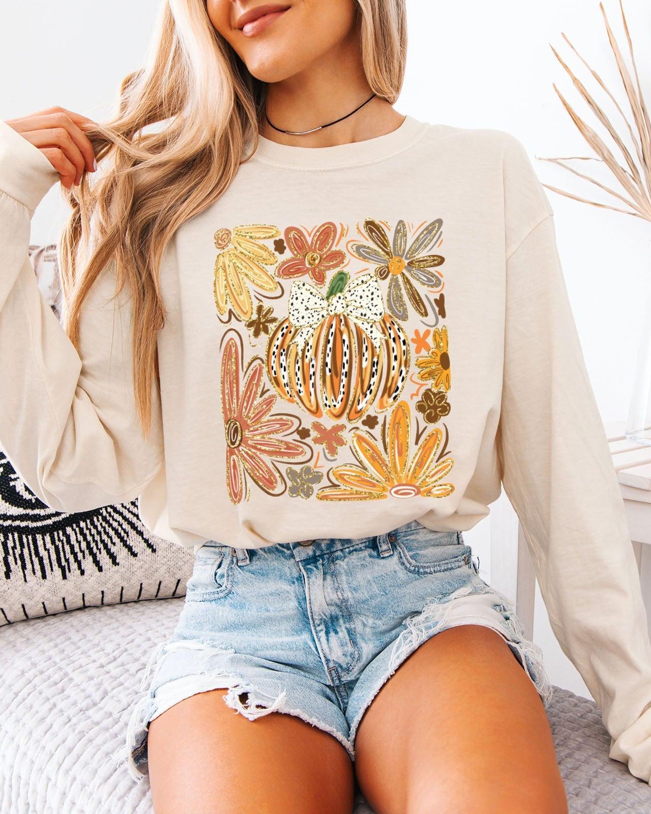 Pumpkins Fall Flower Thanksgiving Day Comfort Colors Long Sleeve Shirt