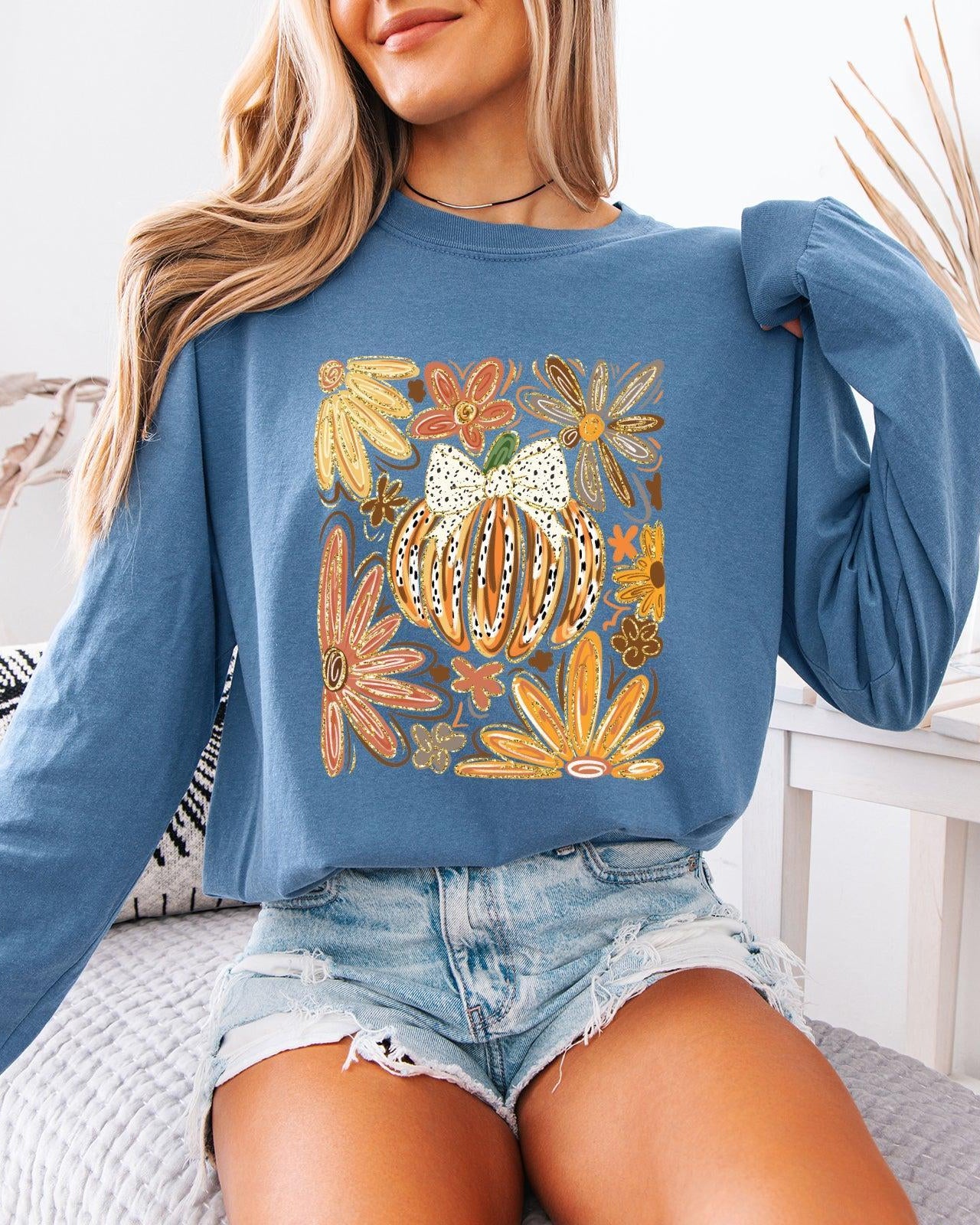 Pumpkins Fall Flower Thanksgiving Day Comfort Colors Long Sleeve Shirt