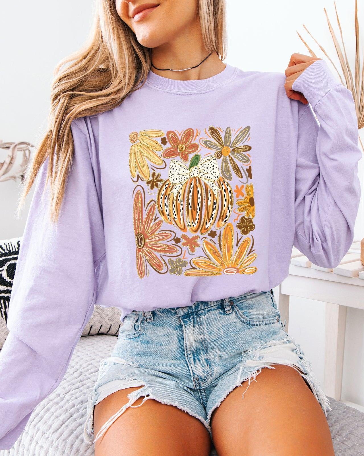 Pumpkins Fall Flower Thanksgiving Day Comfort Colors Long Sleeve Shirt