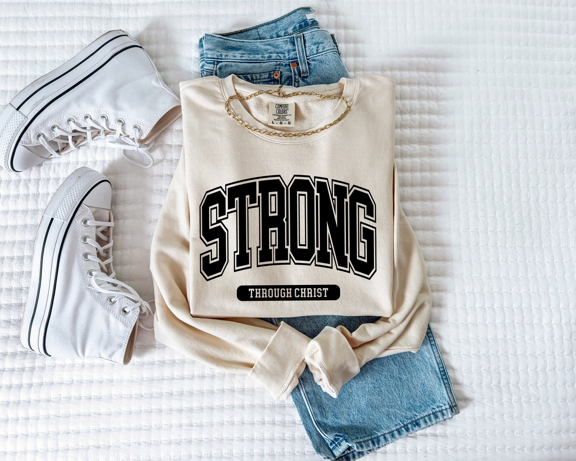Strong Through Christ Inspirational Christian Garment Dyed Comfort Colors Sweatshirt