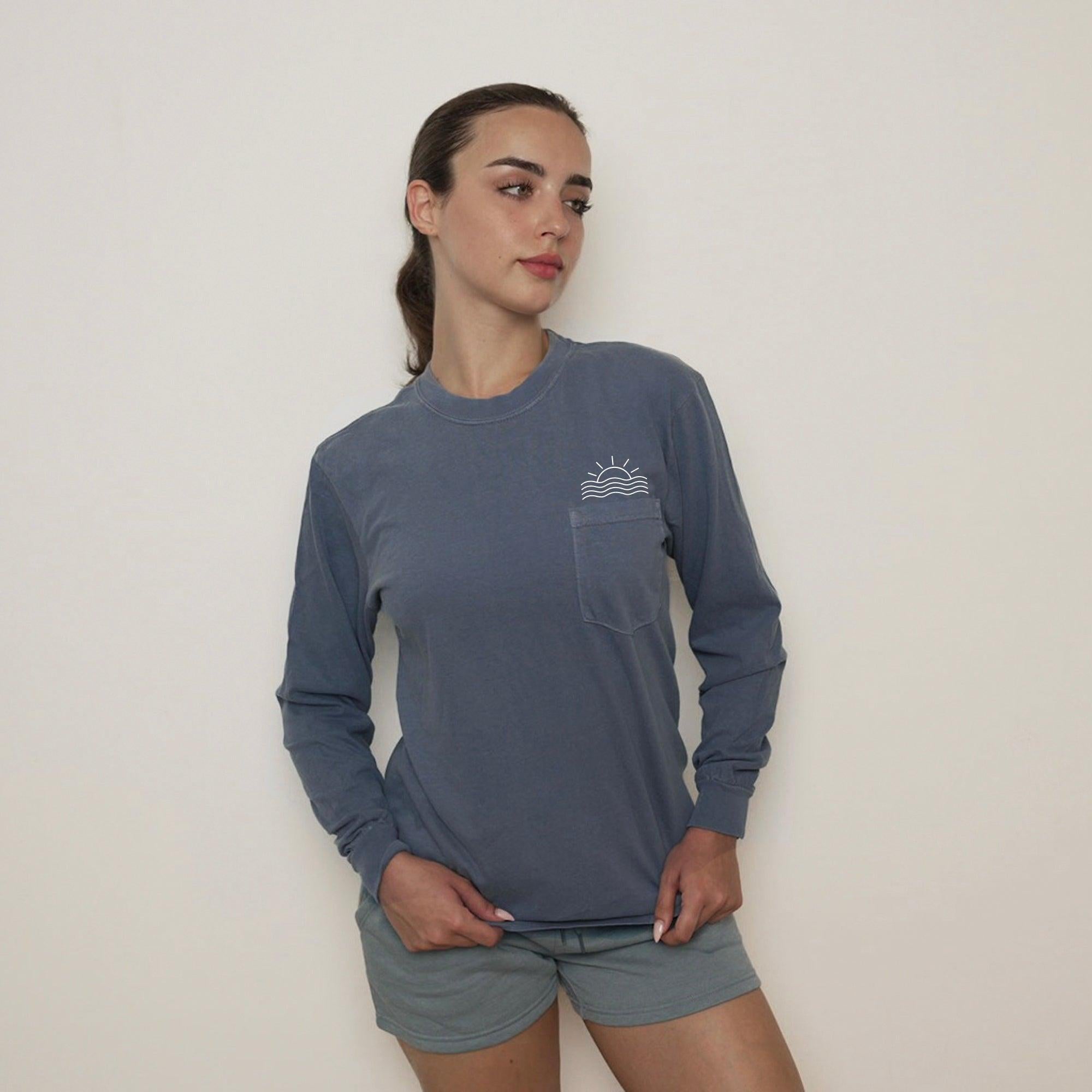 Sun & Wave Lake Beach Vacation Pocket Comfort Colors Long Sleeve Shirt