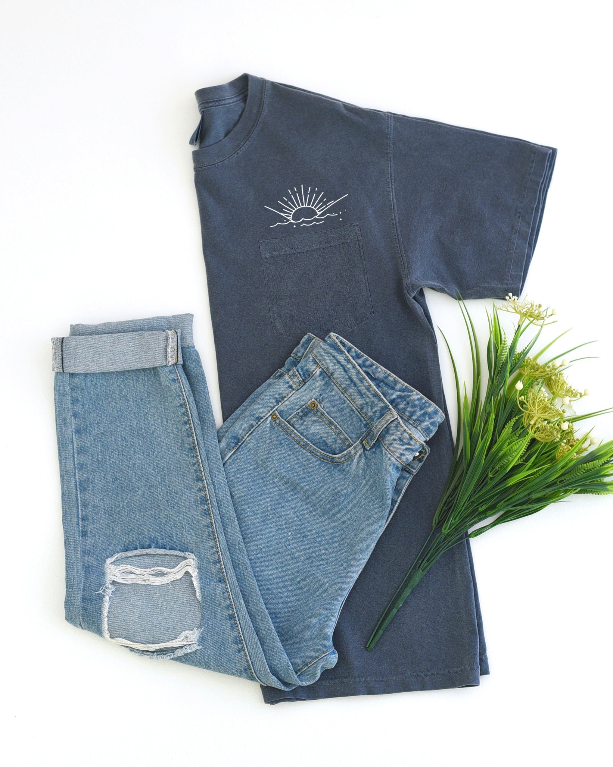 Sun and Wave Lake Beach Comfort Colors Pocket T Shirt | Nature, Camping, Plant (2)