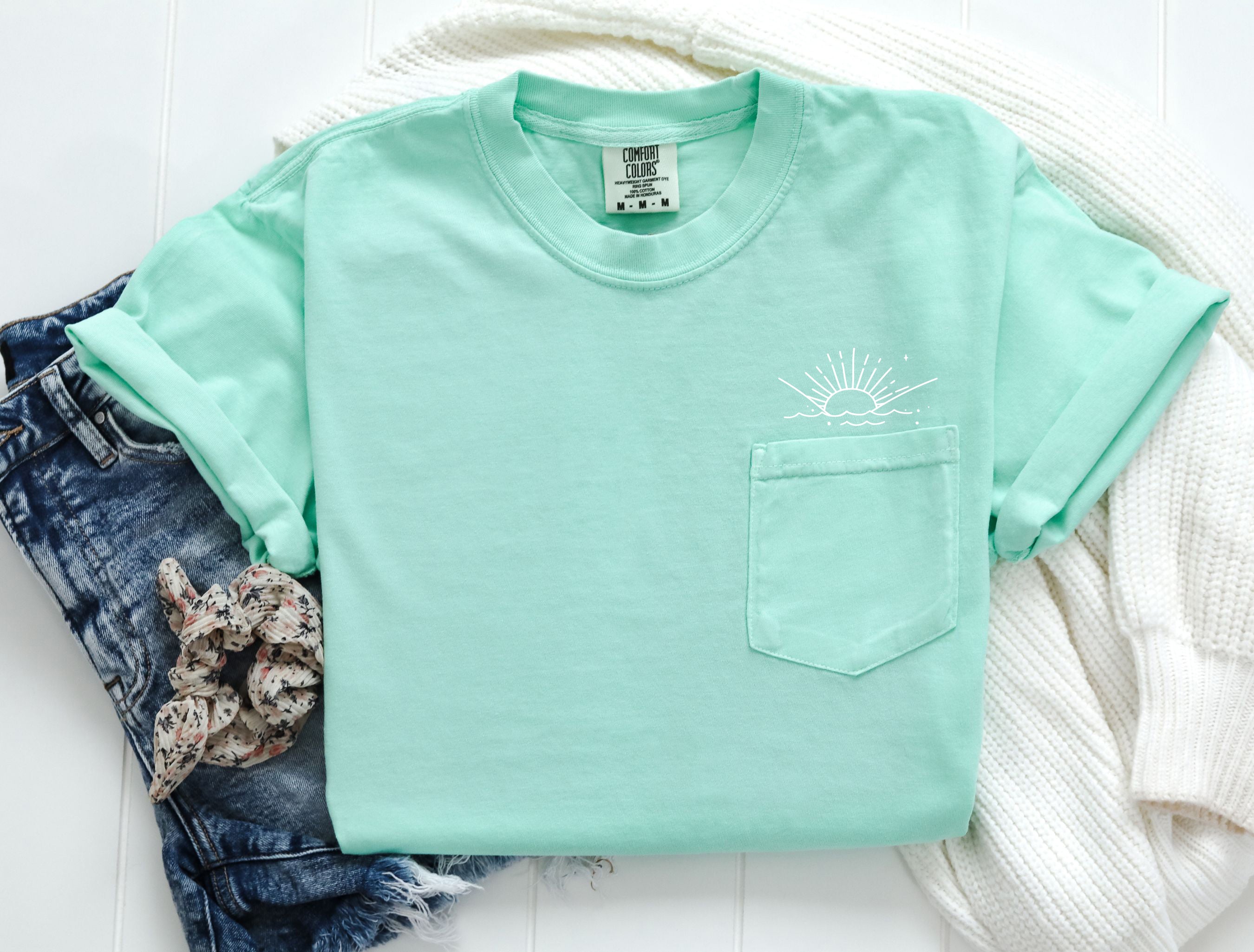 Sun and Wave Lake Beach Comfort Colors Pocket T Shirt | Nature, Camping, Plant (2)