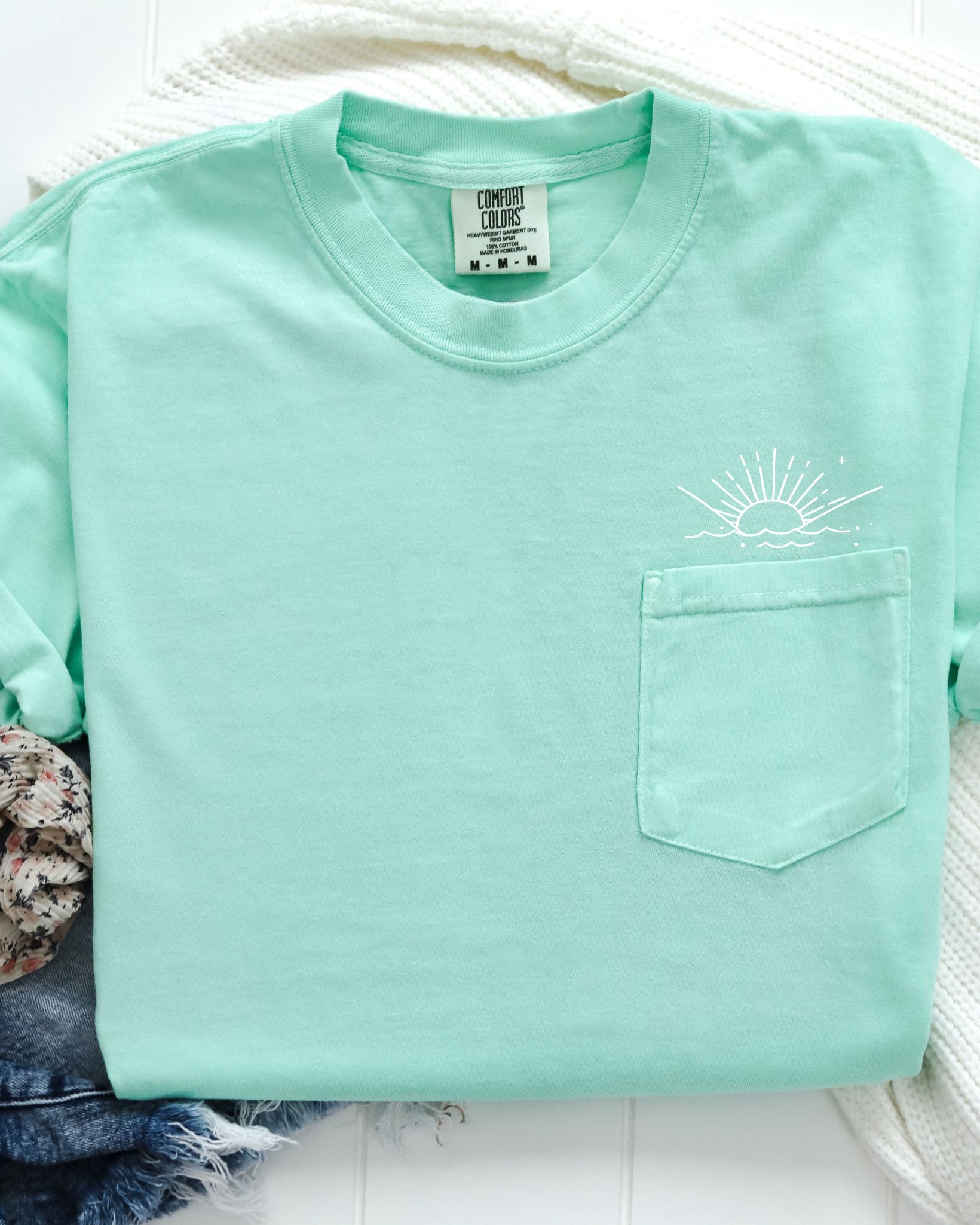 Sun and Wave Lake Beach Comfort Colors Pocket T Shirt | Nature, Camping, Plant (2)