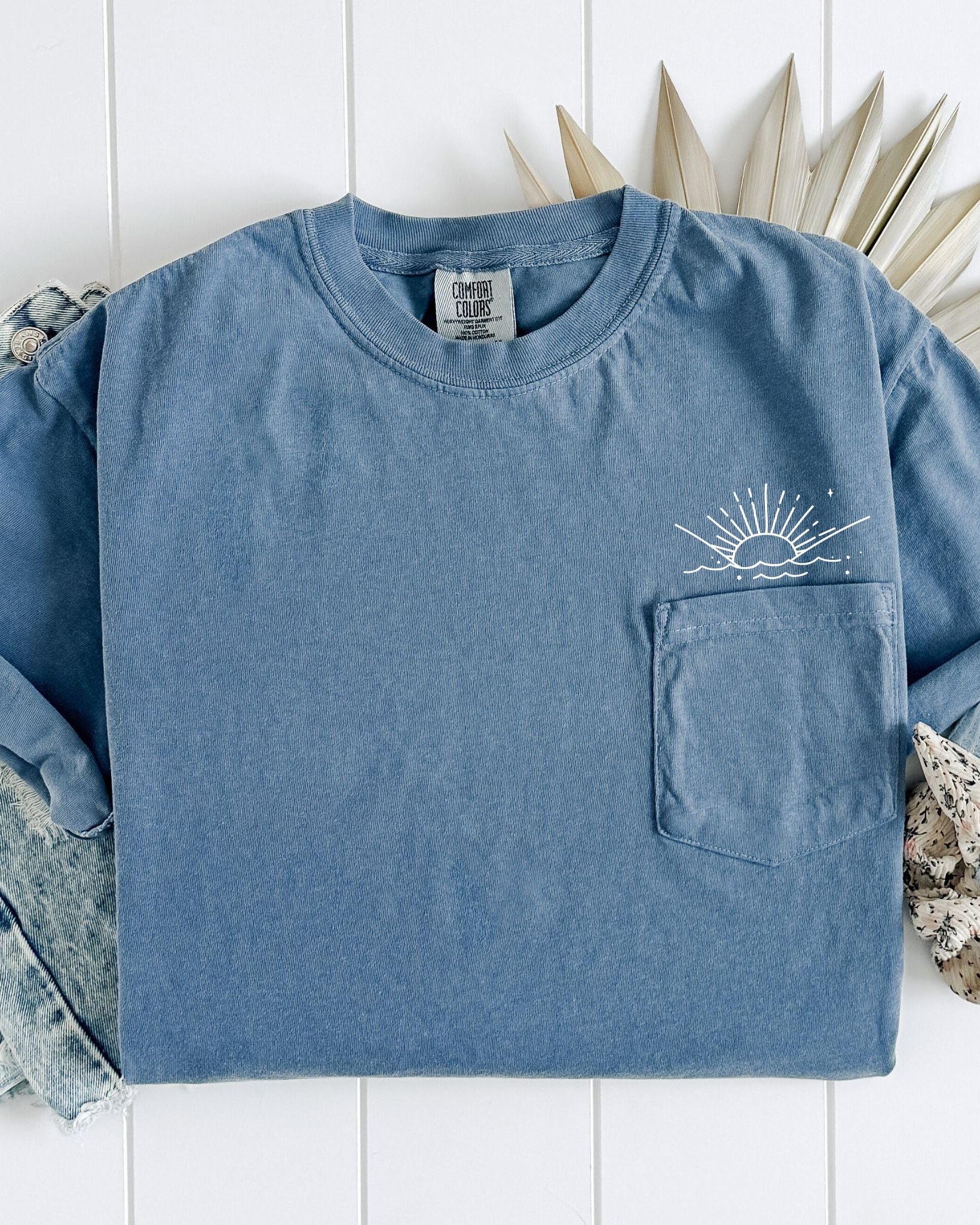 Sun and Wave Lake Beach Comfort Colors Pocket T Shirt | Nature, Camping, Plant (2)