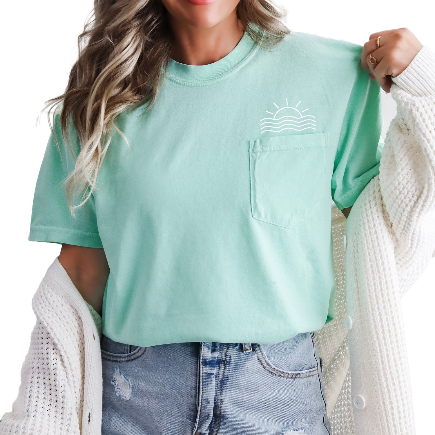 Sun and Wave Lake Beach Comfort Colors Pocket T Shirt | Nature, Camping, Plant