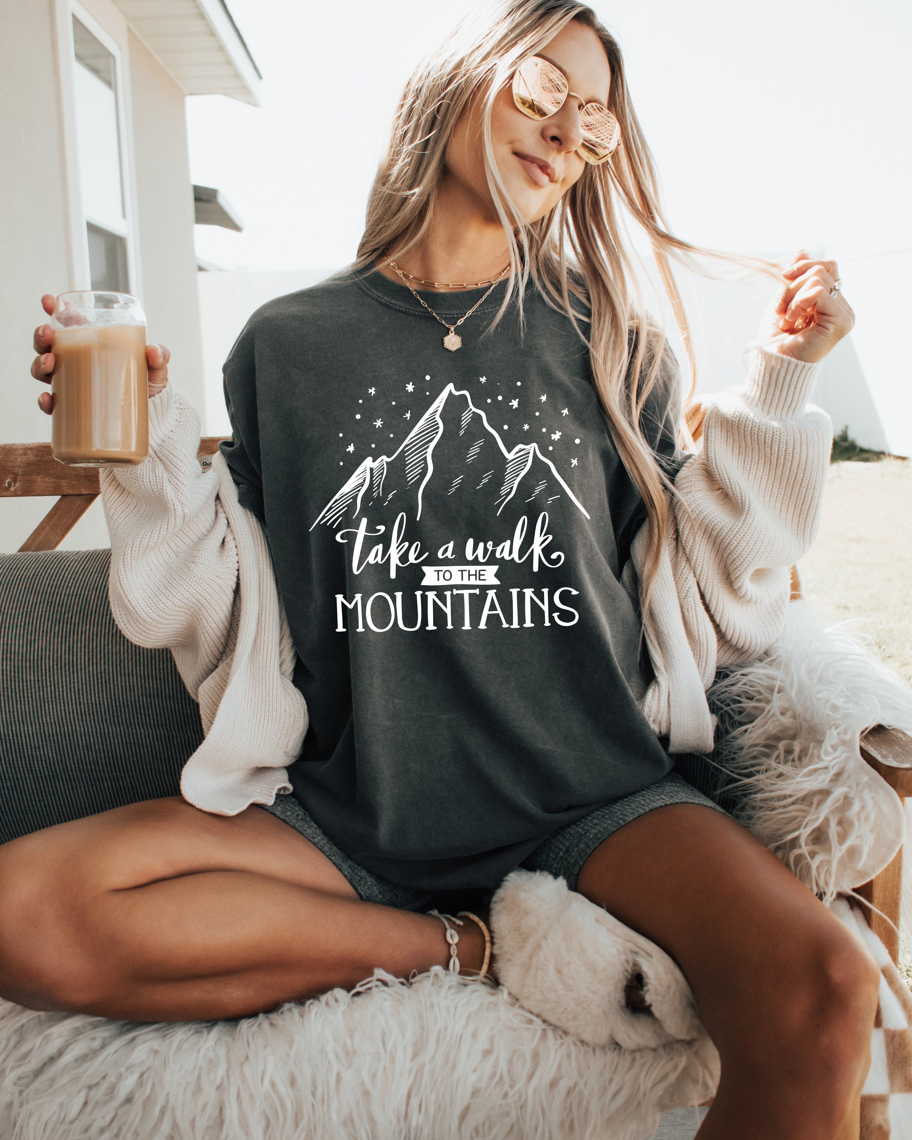 Take a walk to the mountains Camping Hiking Garment Dyed Shirt
