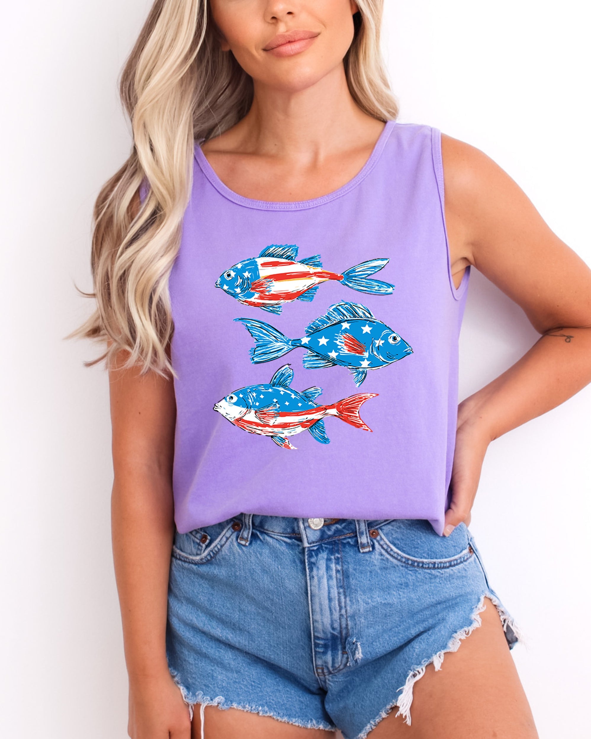 American USA Fish Salmon Lake Camping Comfort Colors Tank Top – Vacation Nature 4th of July Memorial day Veterans day