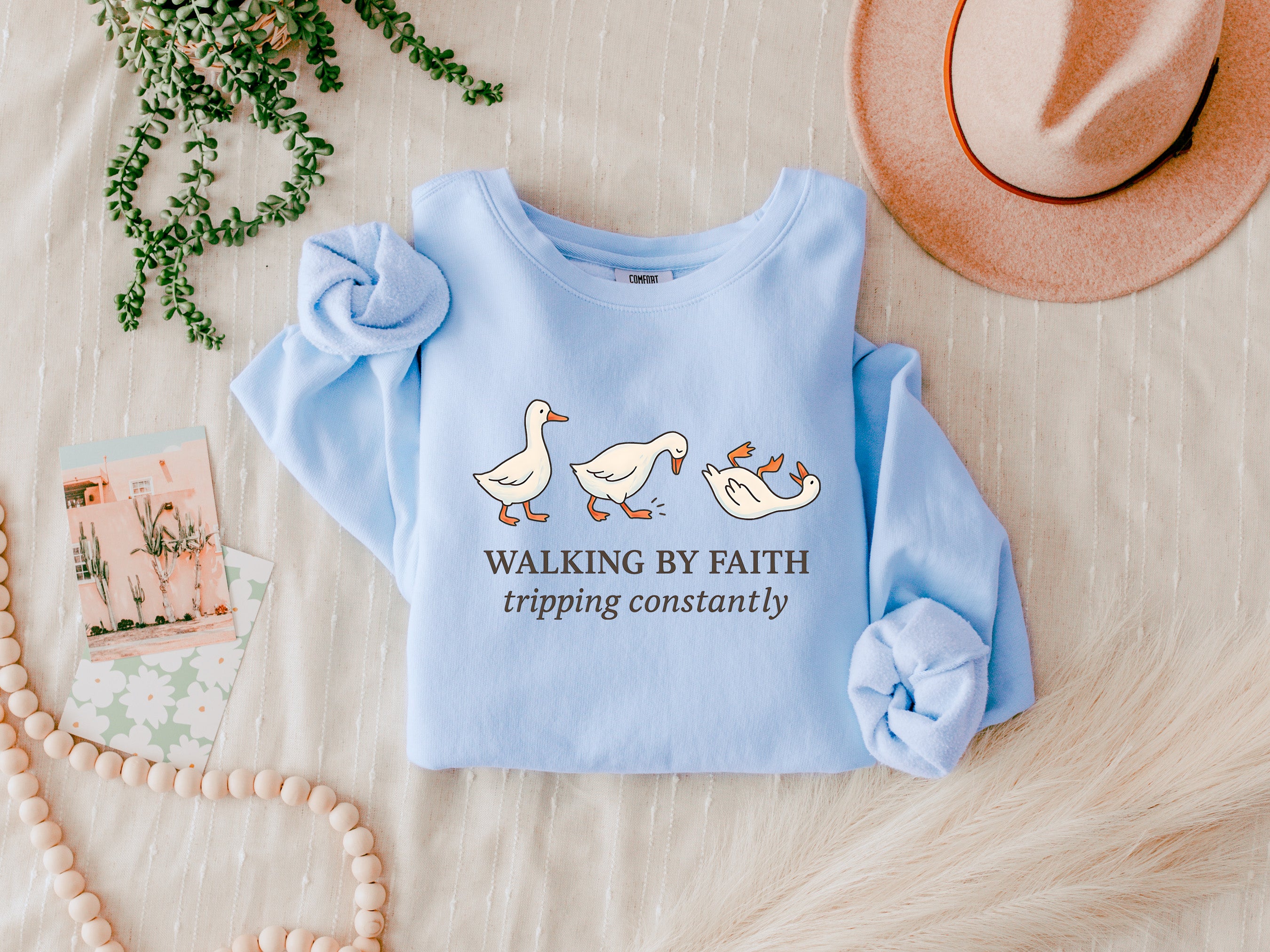 Walking By Faith Tripping Constantly Duck Christian Garment Dyed Comfort Colors Sweatshirt