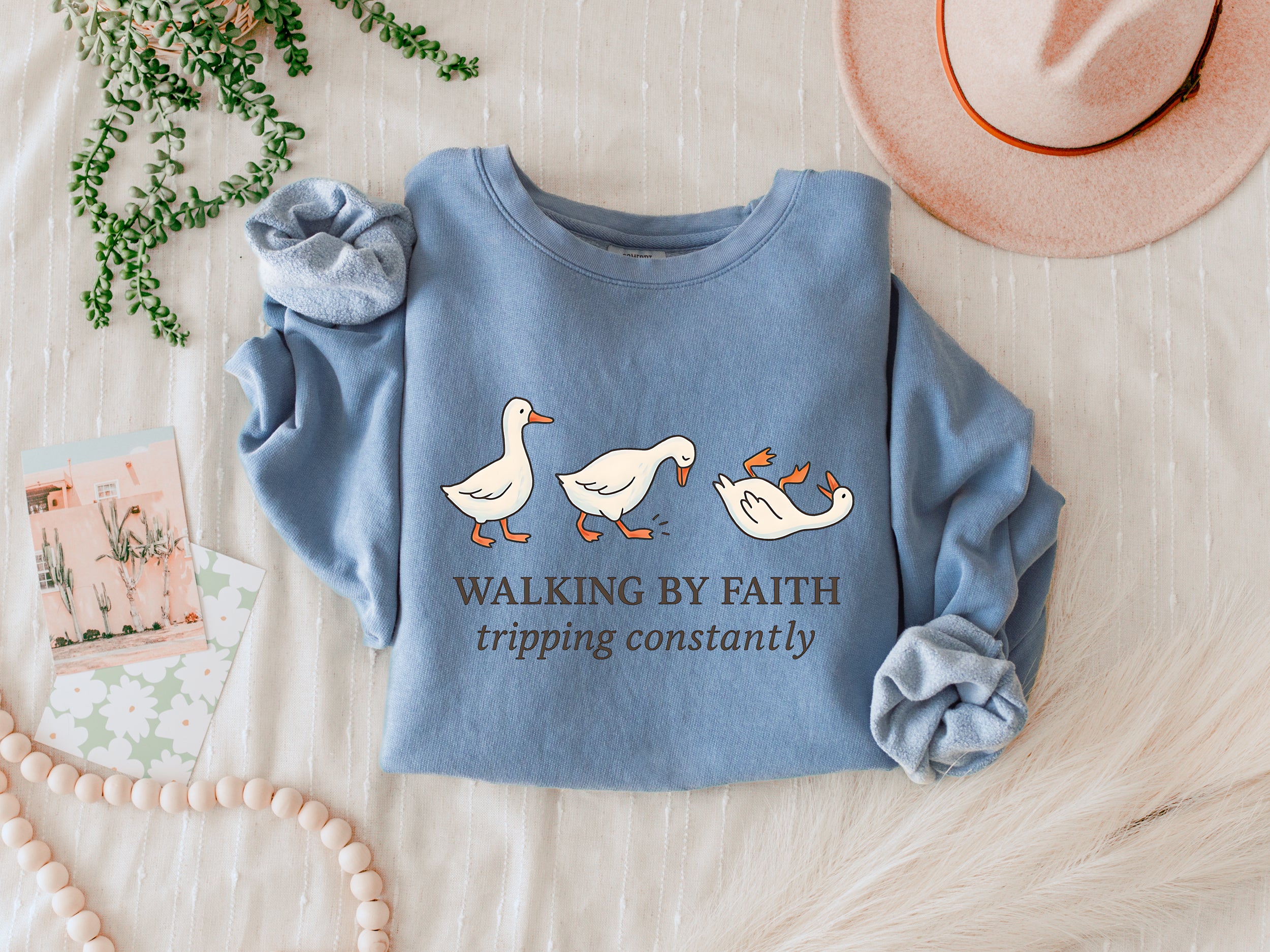Walking By Faith Tripping Constantly Duck Christian Garment Dyed Comfort Colors Sweatshirt