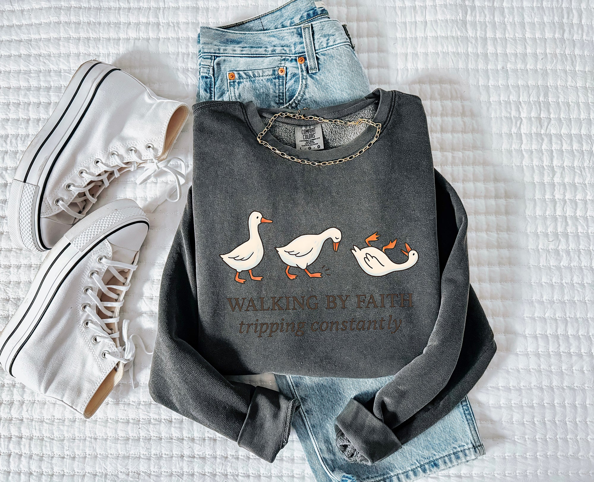 Walking By Faith Tripping Constantly Duck Christian Garment Dyed Comfort Colors Sweatshirt