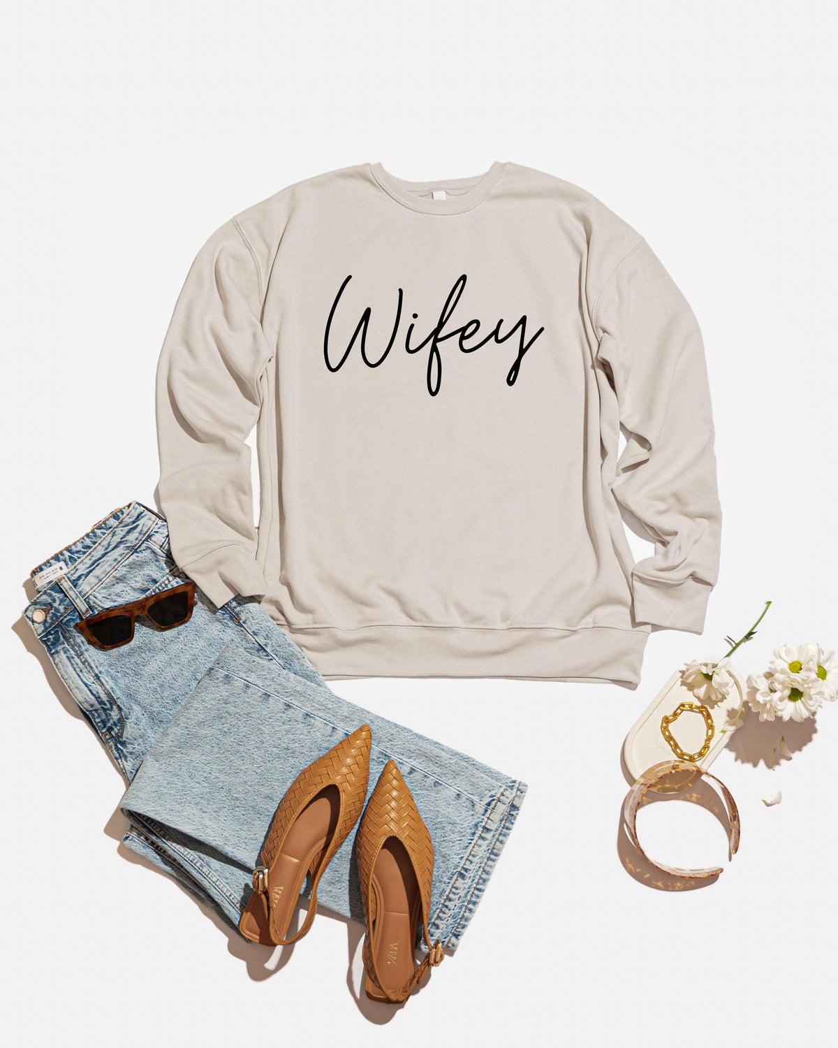 Wifey Bride Drop Shoulder Sponge Fleece Crewneck Sweatshirt (Cursive)