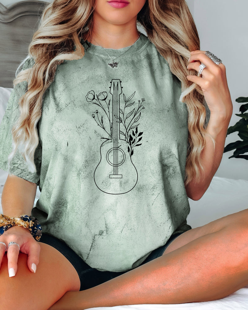 Wildflowers and Guitar Music Nature botanical Garment Dyed T Shirt