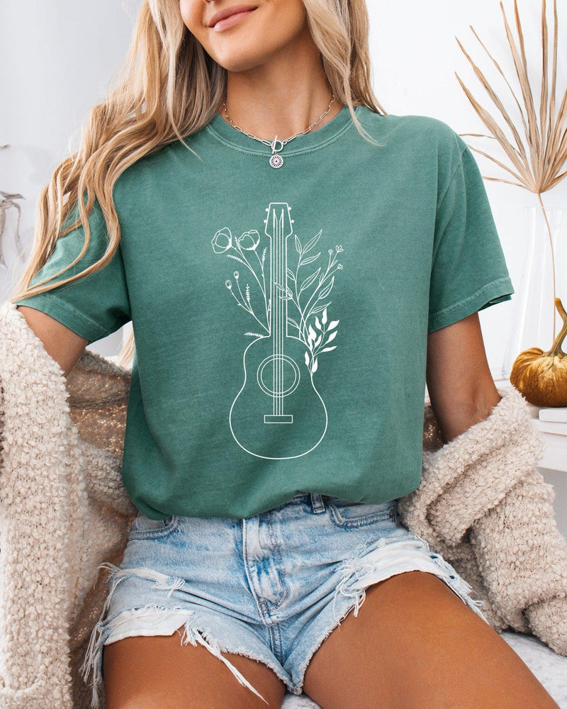 Wildflowers and Guitar Music Nature botanical Garment Dyed T Shirt