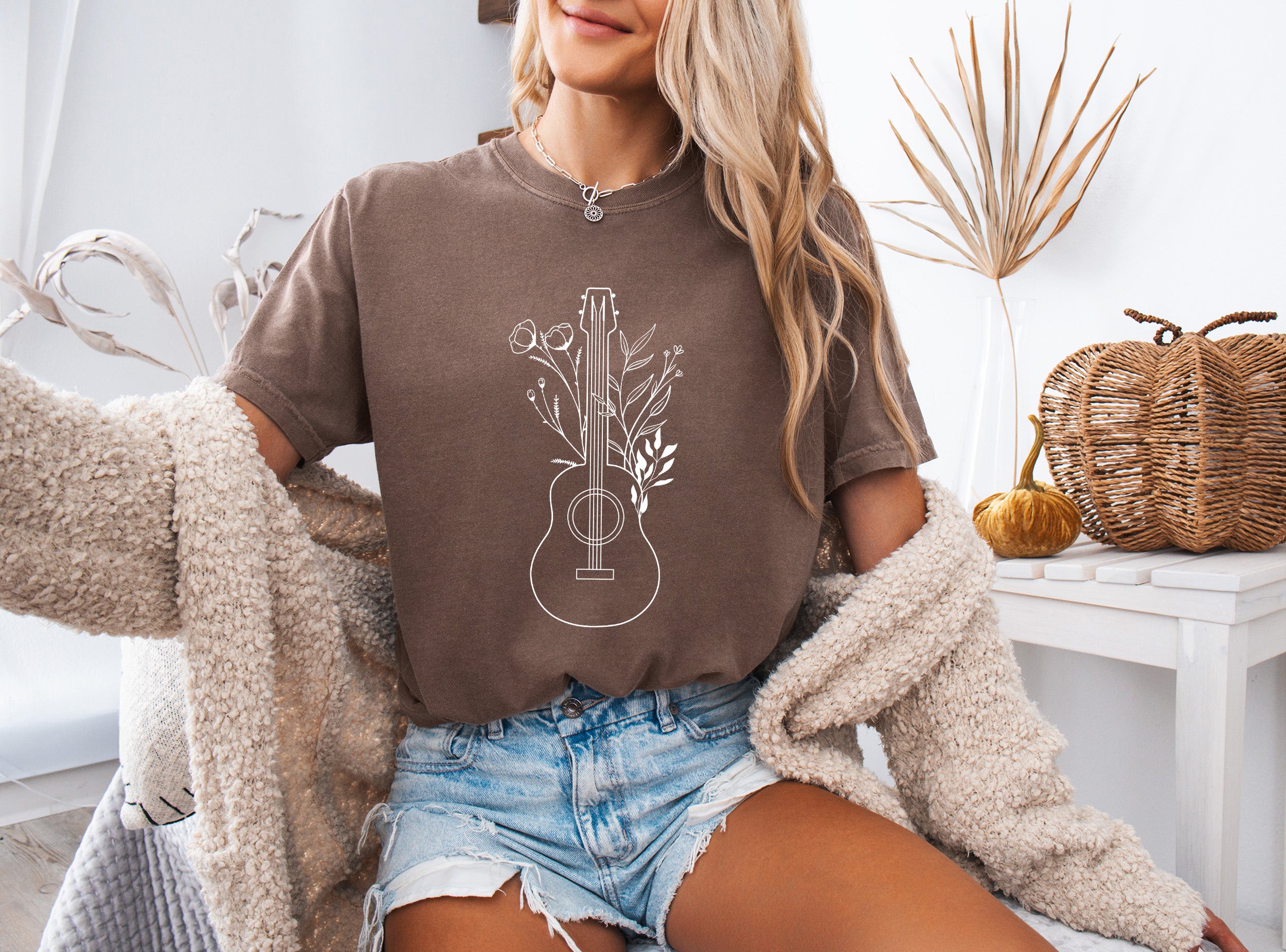 Wildflowers and Guitar Music Nature botanical Garment Dyed T Shirt