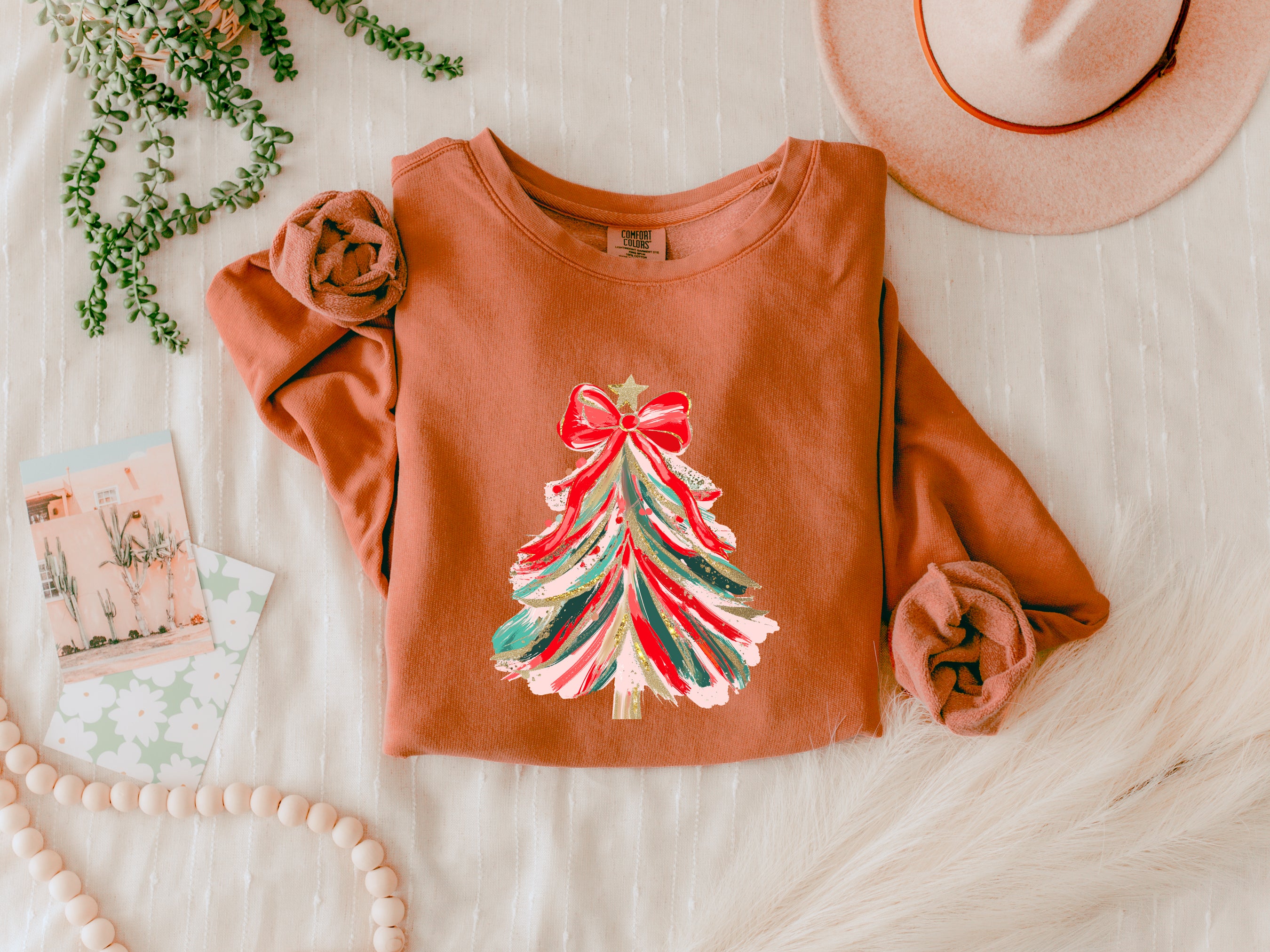 Merry Christmas Tree Holiday Winter Fall Inspirational Garment Dyed Comfort Colors Sweatshirt (Red Ribbon)