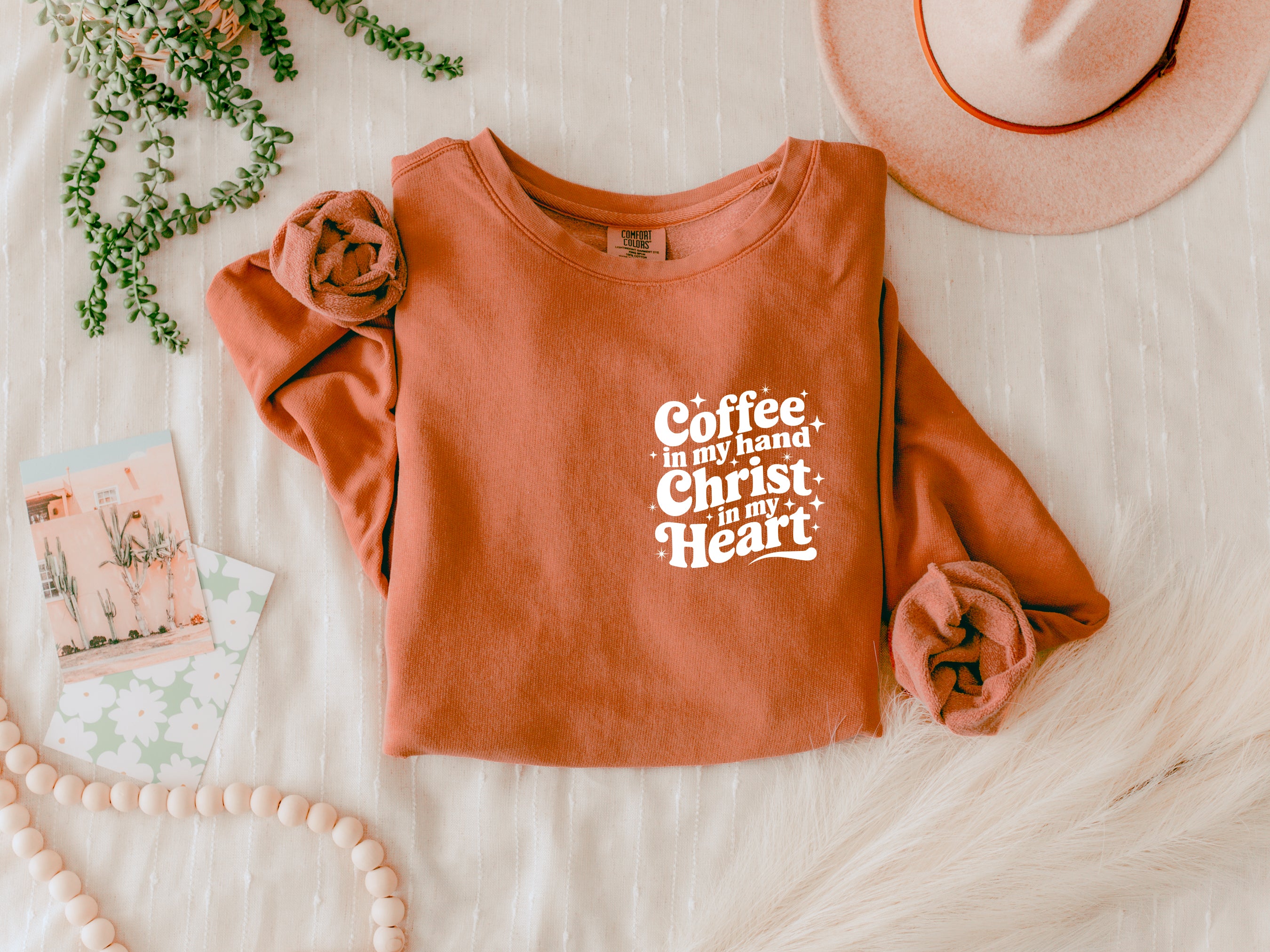 Coffee in my hand Christ in my heart Inspirational Christian Garment Dyed Comfort Colors Sweatshirt