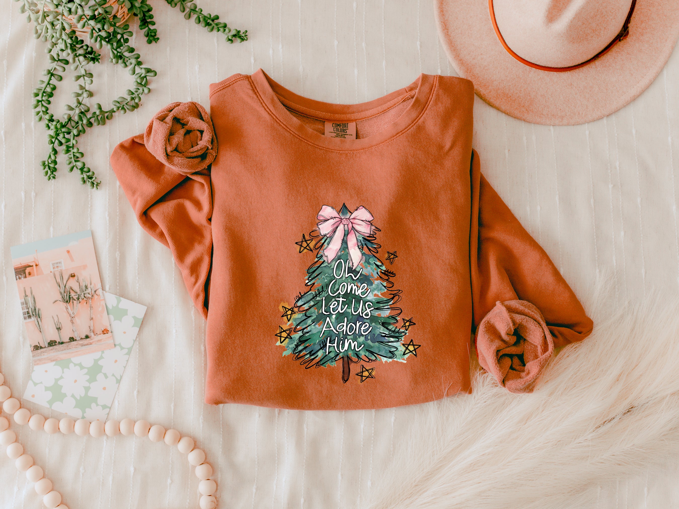 Merry Christmas Tree Christian O come let us adore him Winter Holiday Fall Autumn Inspirational Garment Dyed Comfort Colors Sweatshirt