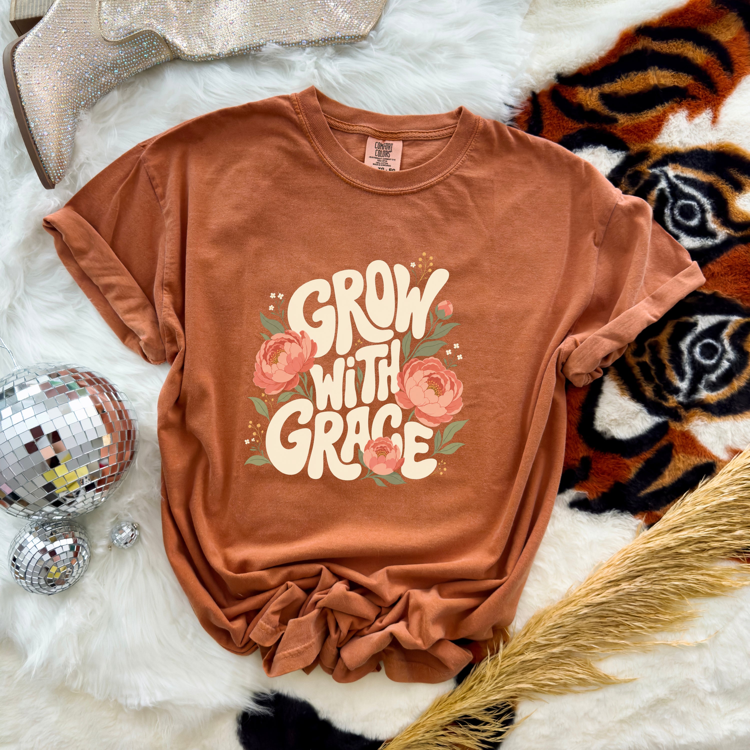 Grow with Grace Christian Flower Comfort Colors T Shirt Religious Jesus Bible