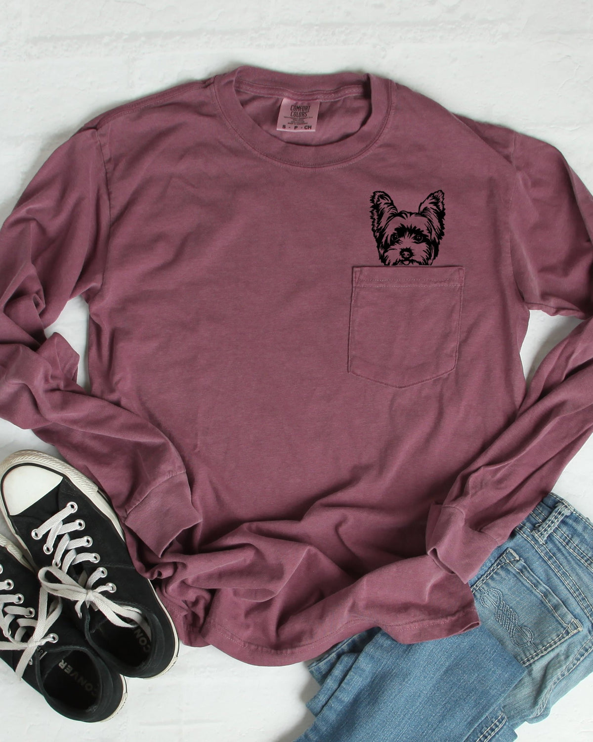 Yorkshire Terrier Yorkie Dog Mom Pocket Comfort Colors Long Sleeve Shirt