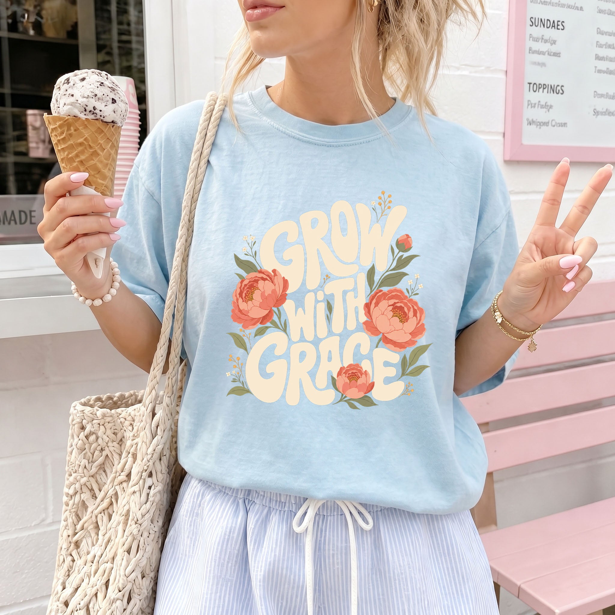 Grow with Grace Christian Flower Comfort Colors T Shirt Religious Jesus Bible