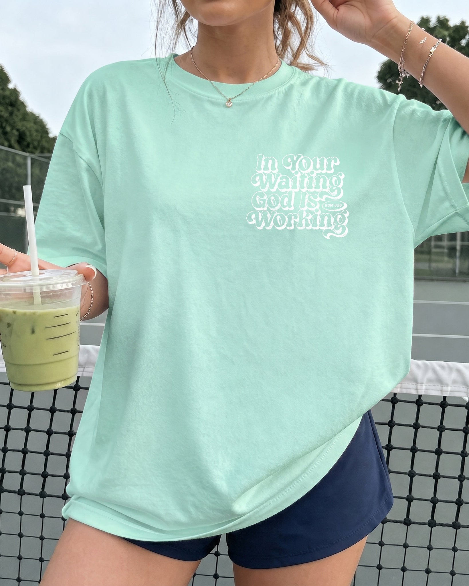 In the waiting God is working Comfort Colors T Shirt Religious Jesus Bible (Outlined Groovy)