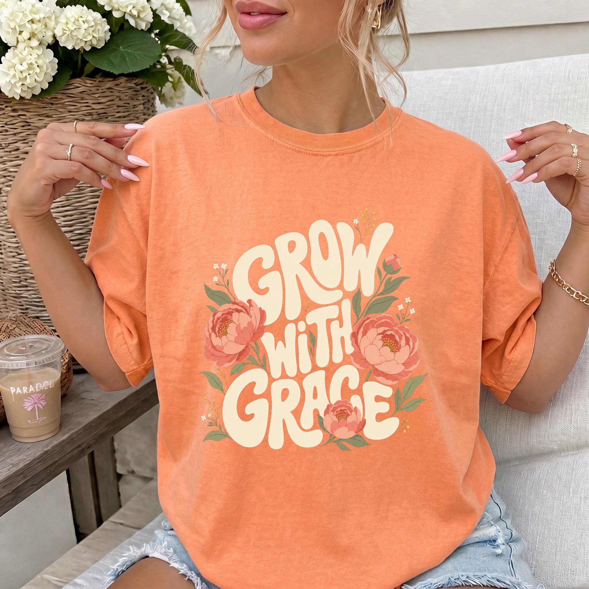 Grow with Grace Christian Flower Comfort Colors T Shirt Religious Jesus Bible