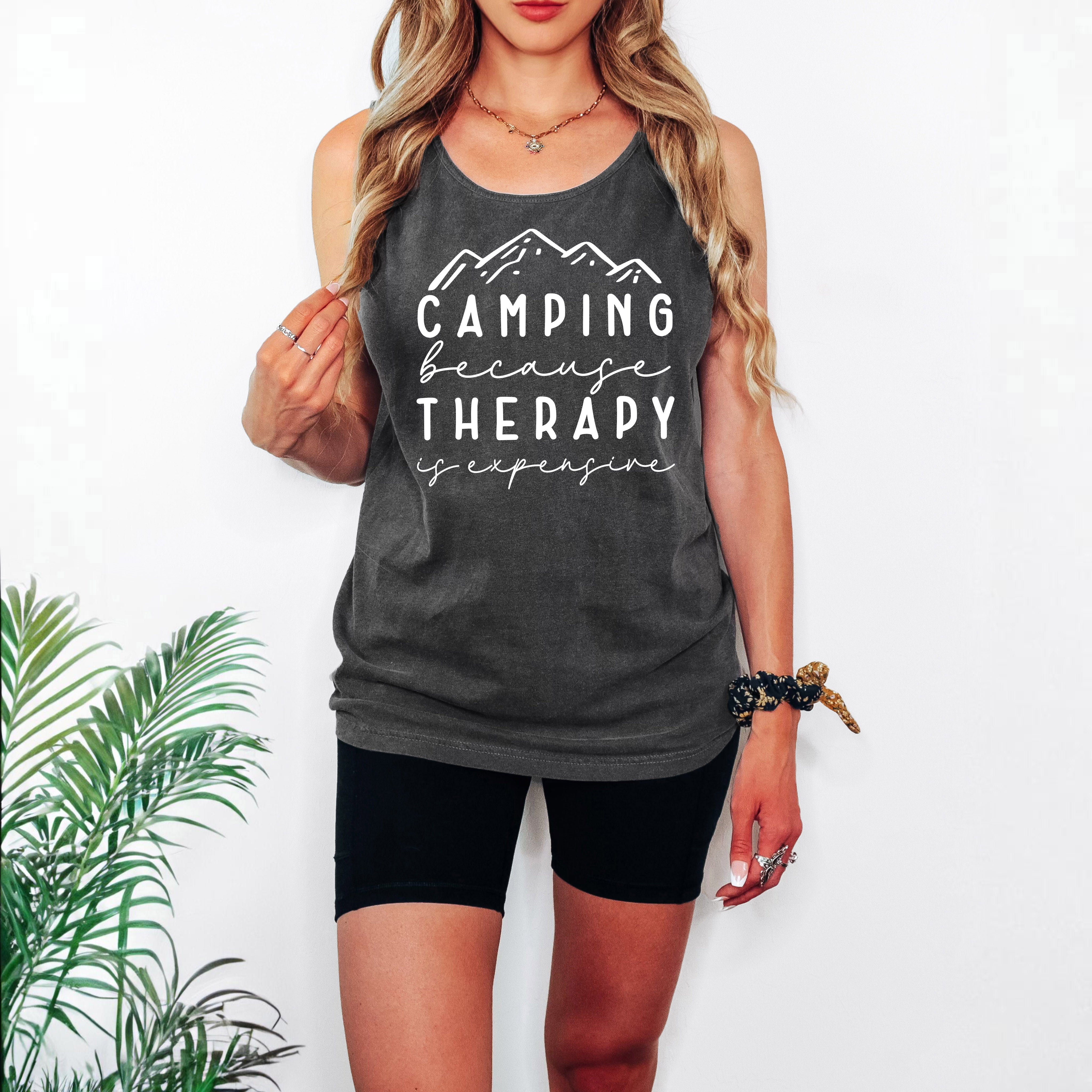 Camping Therapy Comfort Colors Tank Top – Mountain Hiking Camping Vacation Nature Lake Beach Graphic