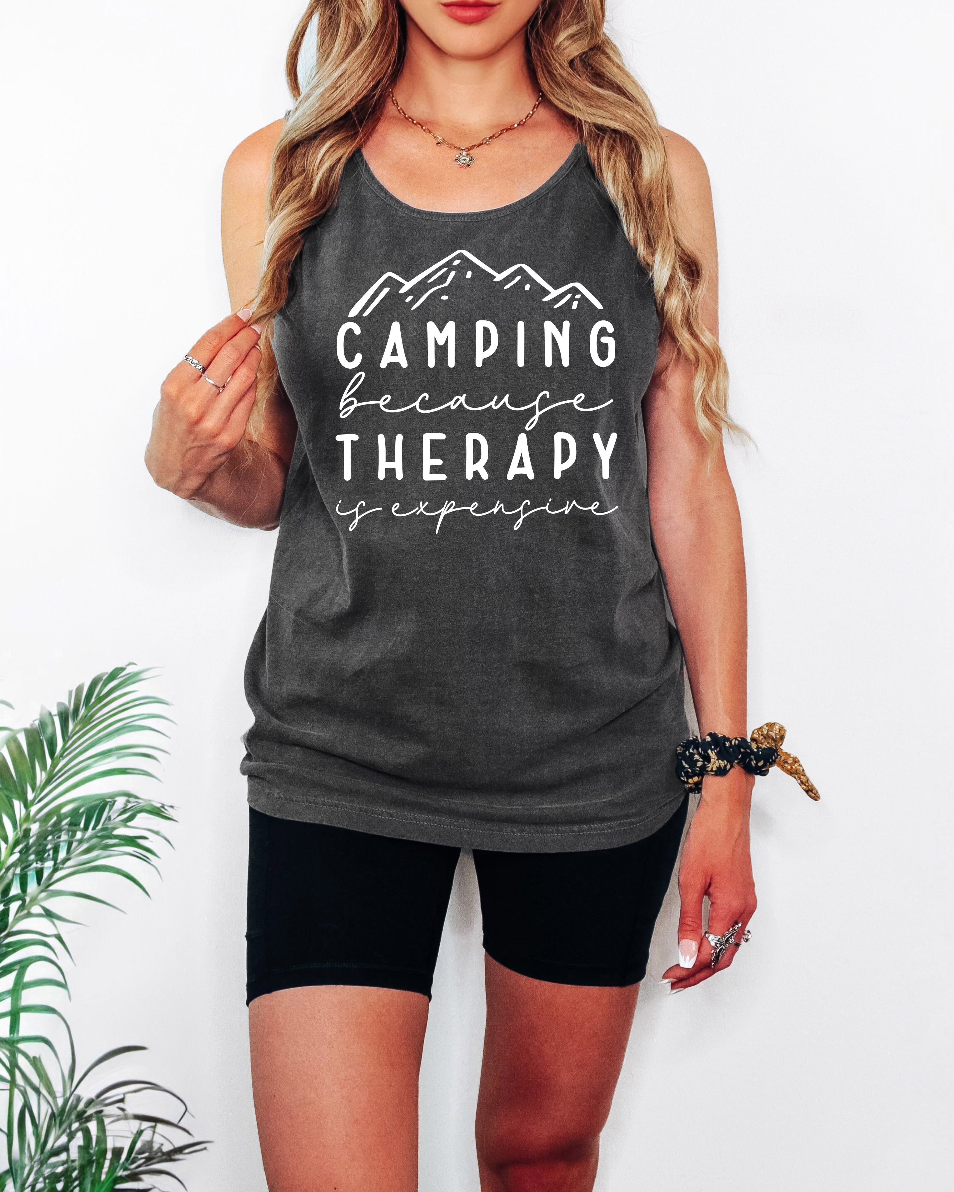 Camping Therapy Comfort Colors Tank Top – Mountain Hiking Camping Vacation Nature Lake Beach Graphic
